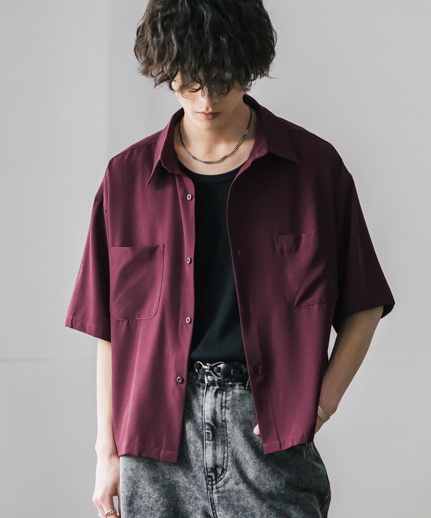 ロッキーモンロー Rocky Monroe 接触冷感 シャツ 半袖 短丈 ストレッチ メンズ レディース ショート丈 無地 とろみ オーバーサイズ ビッグシルエット リラックス ゆったり 15366 （バーガンディ） バーガンディ