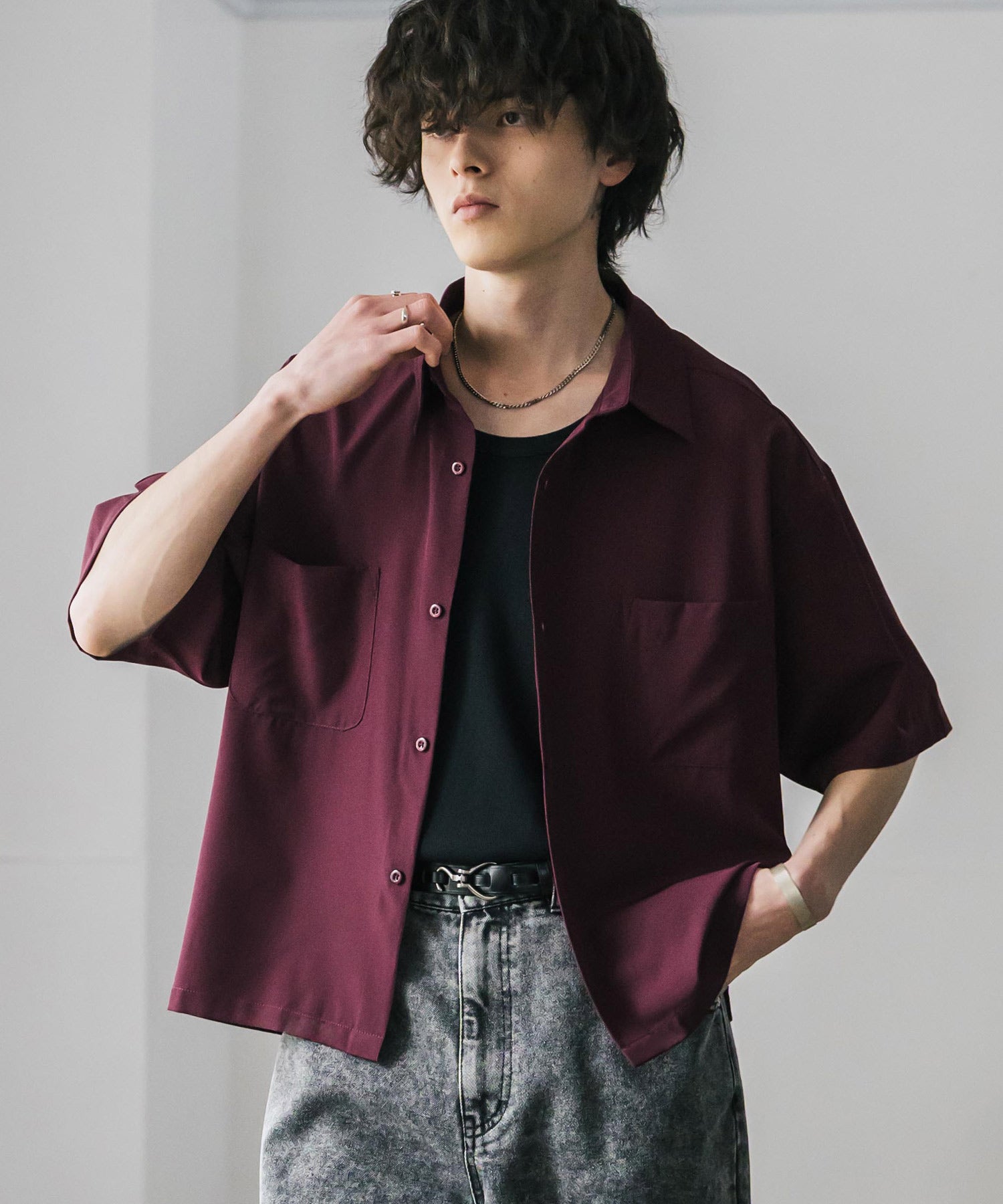 ロッキーモンロー Rocky Monroe 接触冷感 シャツ 半袖 短丈 ストレッチ メンズ レディース ショート丈 無地 とろみ オーバーサイズ ビッグシルエット リラックス ゆったり 15366 （バーガンディ） バーガンディ