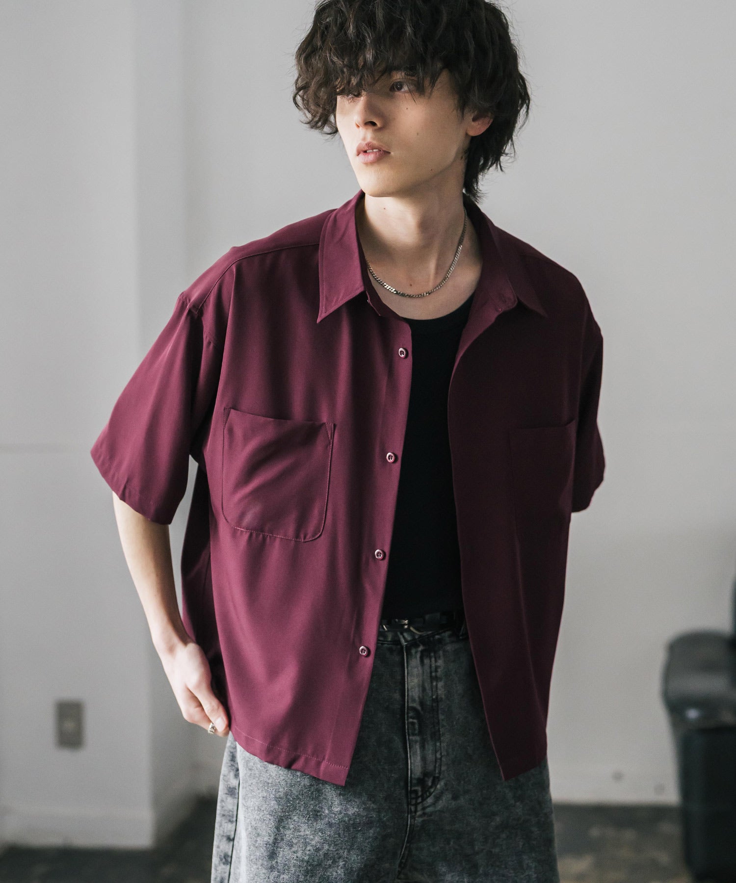 ロッキーモンロー Rocky Monroe 接触冷感 シャツ 半袖 短丈 ストレッチ メンズ レディース ショート丈 無地 とろみ オーバーサイズ ビッグシルエット リラックス ゆったり 15366 （バーガンディ） バーガンディ