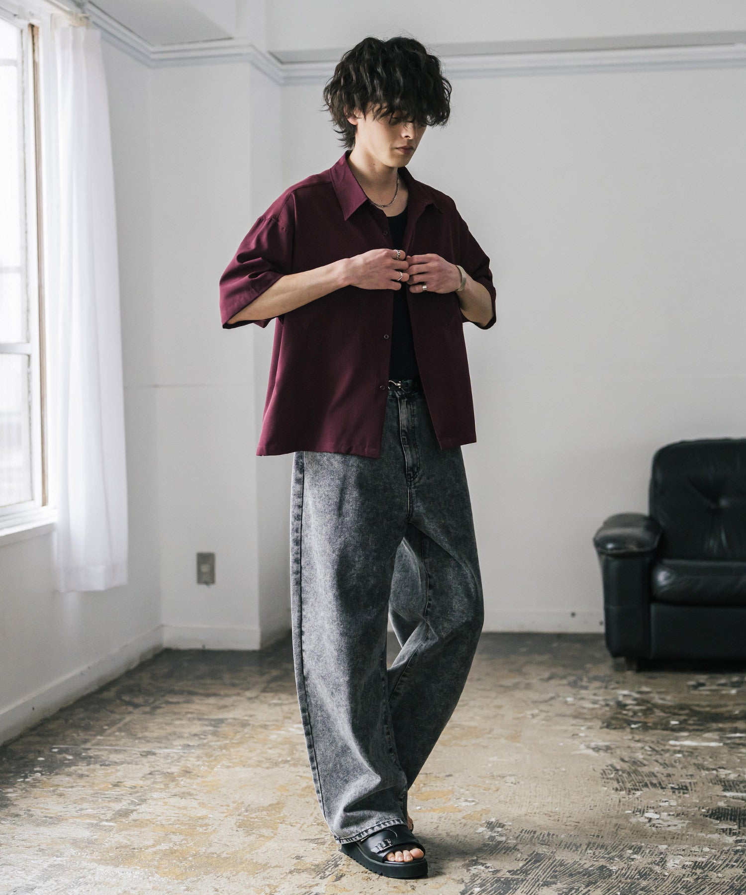 ロッキーモンロー Rocky Monroe 接触冷感 シャツ 半袖 短丈 ストレッチ メンズ レディース ショート丈 無地 とろみ オーバーサイズ ビッグシルエット リラックス ゆったり 15366 （バーガンディ） バーガンディ