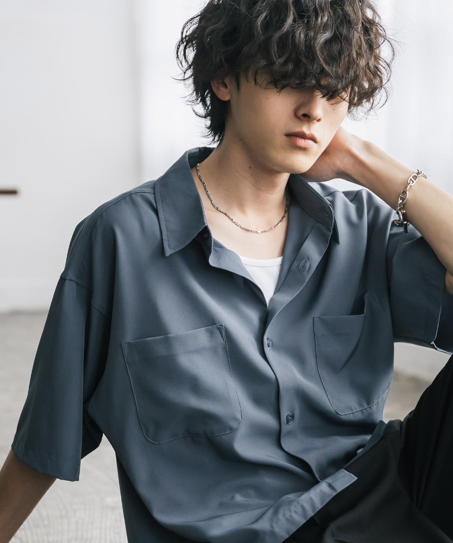 ロッキーモンロー Rocky Monroe 接触冷感 シャツ 半袖 短丈 ストレッチ メンズ レディース ショート丈 無地 とろみ オーバーサイズ ビッグシルエット リラックス ゆったり 15366 （チャコール） チャコール