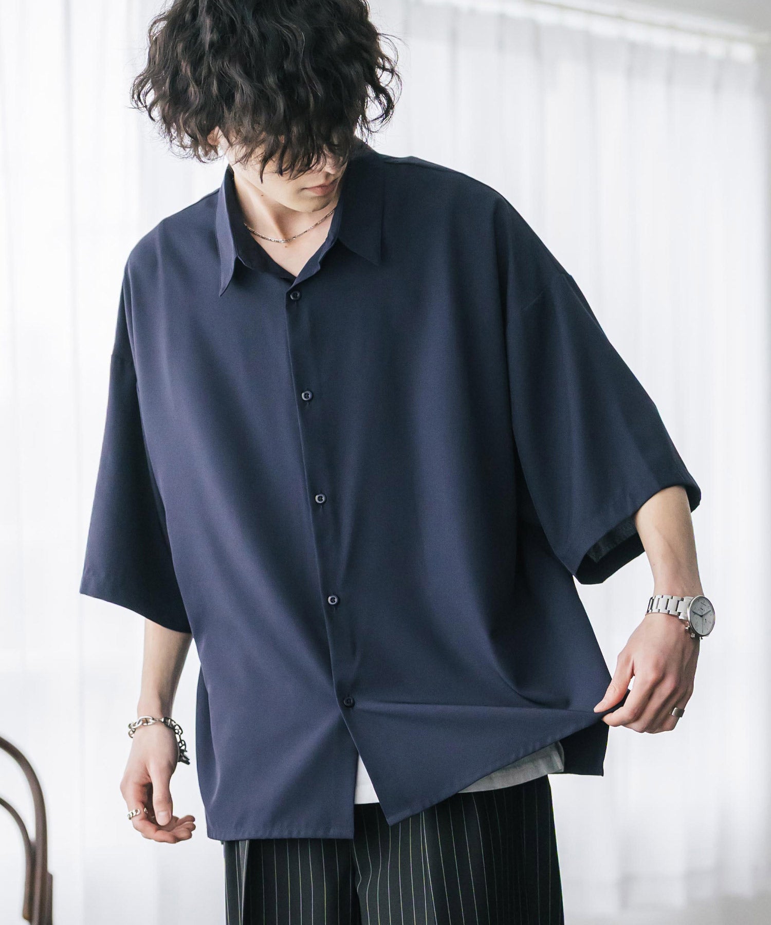 ロッキーモンロー Rocky Monroe 接触冷感 ビッグシャツ 半袖 ストレッチ メンズ レディース 無地 とろみ オーバーサイズ ビッグシルエット ドレープ 微光沢 清涼感 14208 （ネイビー） ネイビー