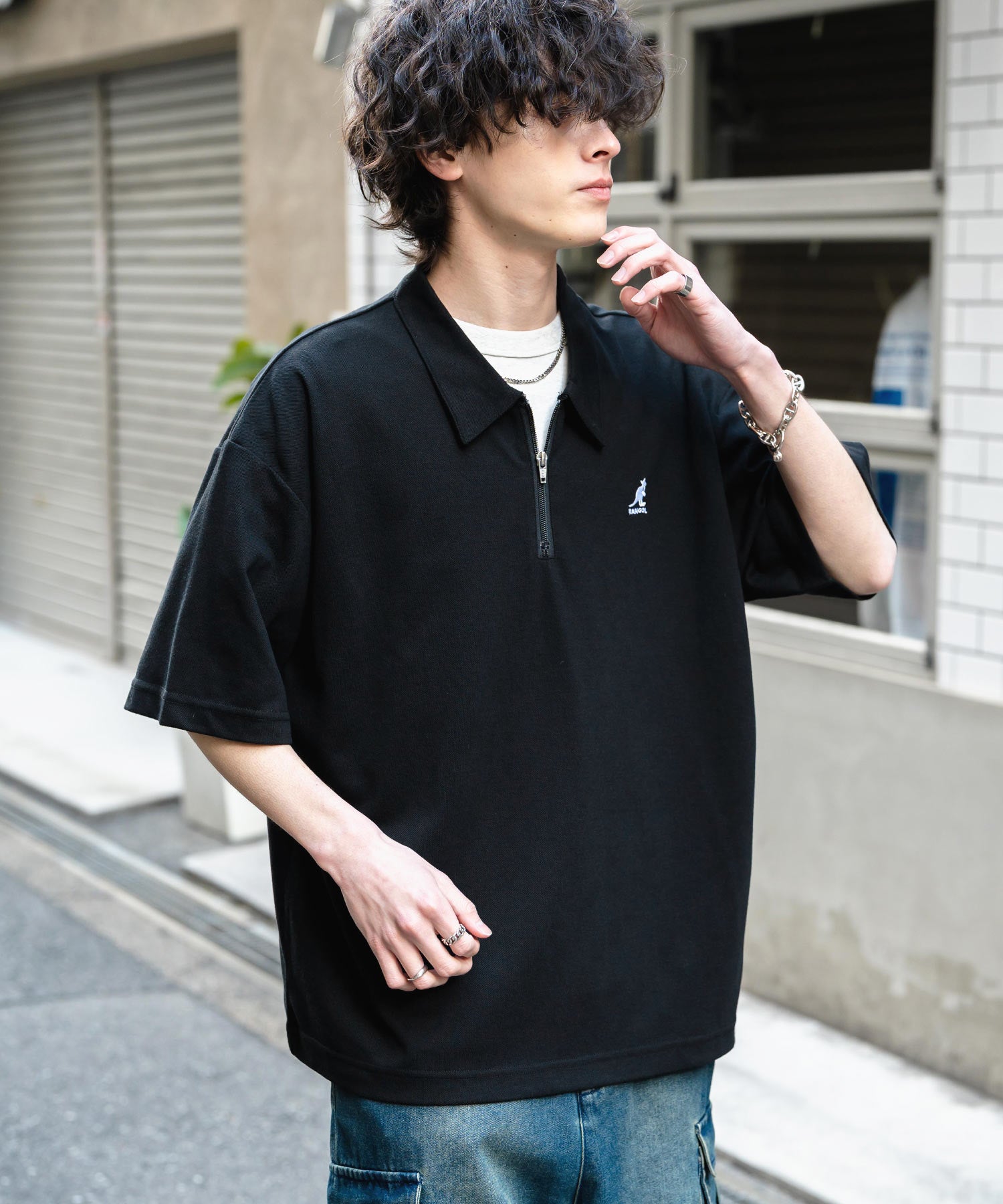 ロッキーモンロー Rocky Monroe KANGOL カンゴール ポロシャツ ハーフジップ 半袖 接触冷感 メンズ レディース 鹿の子 カノコ オーバーサイズ ビッグシルエット 通気性 15474 （ブルー） ブルー