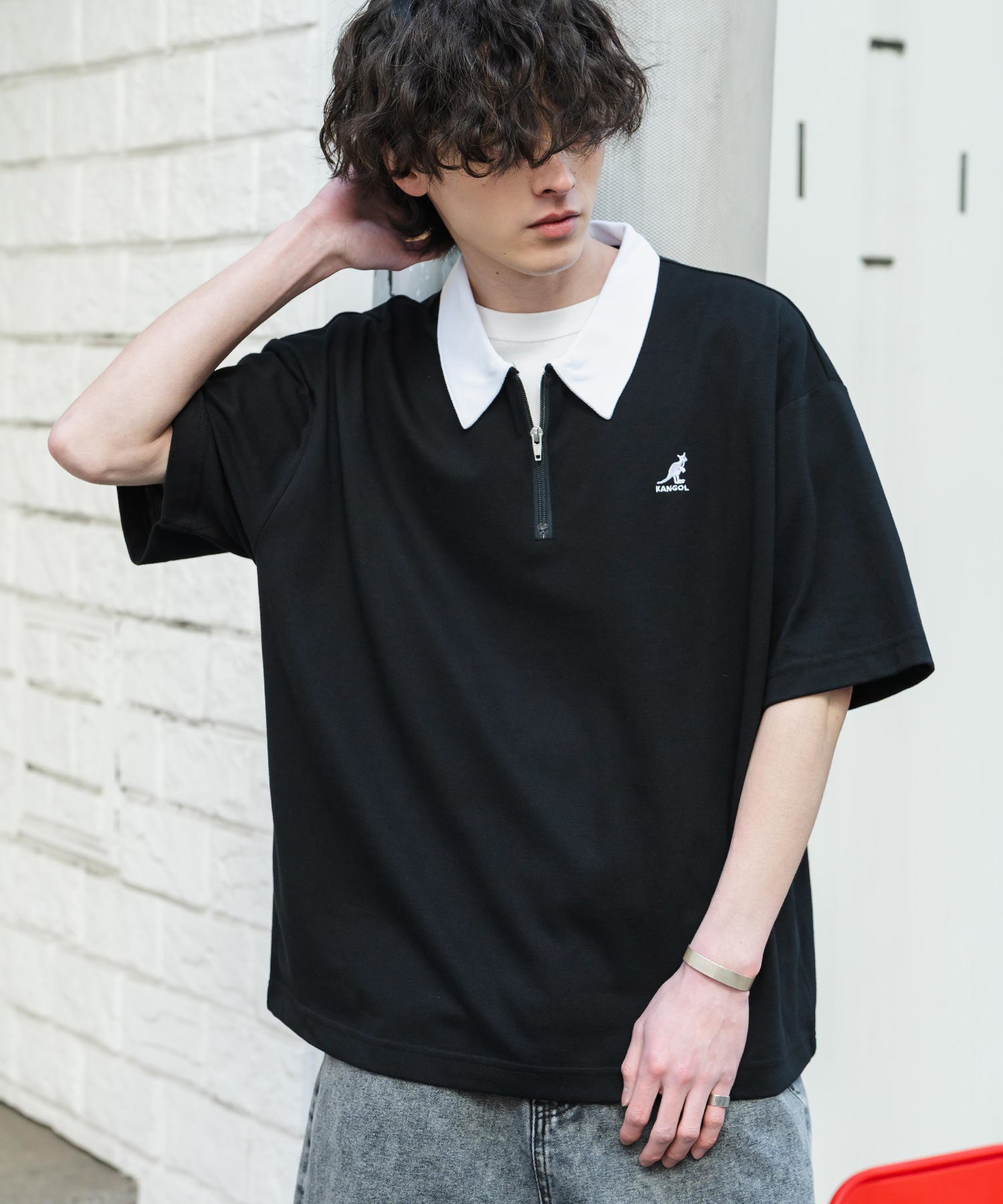 ロッキーモンロー Rocky Monroe KANGOL カンゴール ポロシャツ ハーフジップ 半袖 接触冷感 メンズ レディース 鹿の子 カノコ オーバーサイズ ビッグシルエット 通気性 15474 （ブルー） ブルー