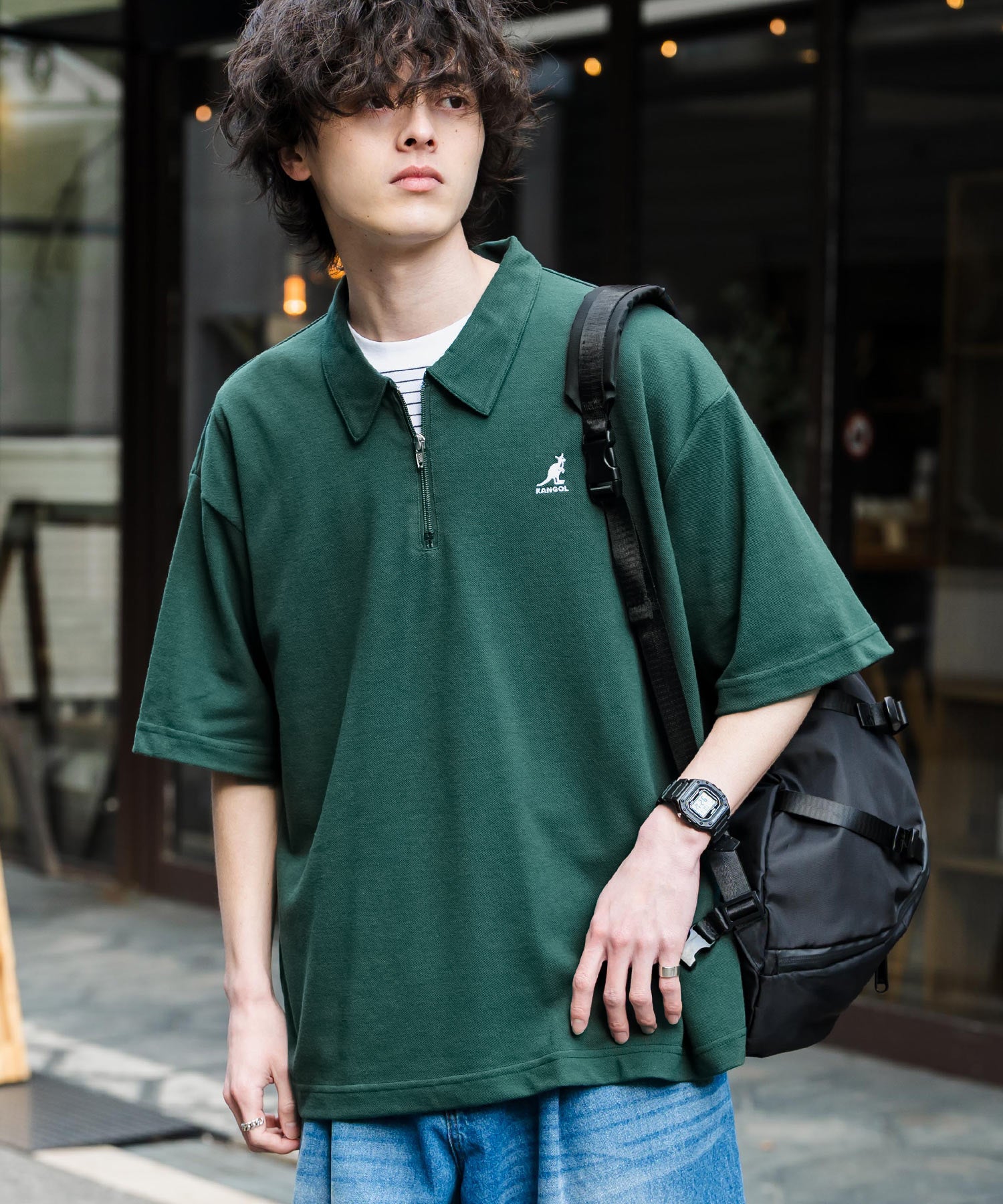 ロッキーモンロー Rocky Monroe KANGOL カンゴール ポロシャツ ハーフジップ 半袖 接触冷感 メンズ レディース 鹿の子 カノコ オーバーサイズ ビッグシルエット 通気性 15474 （グリーン） グリーン