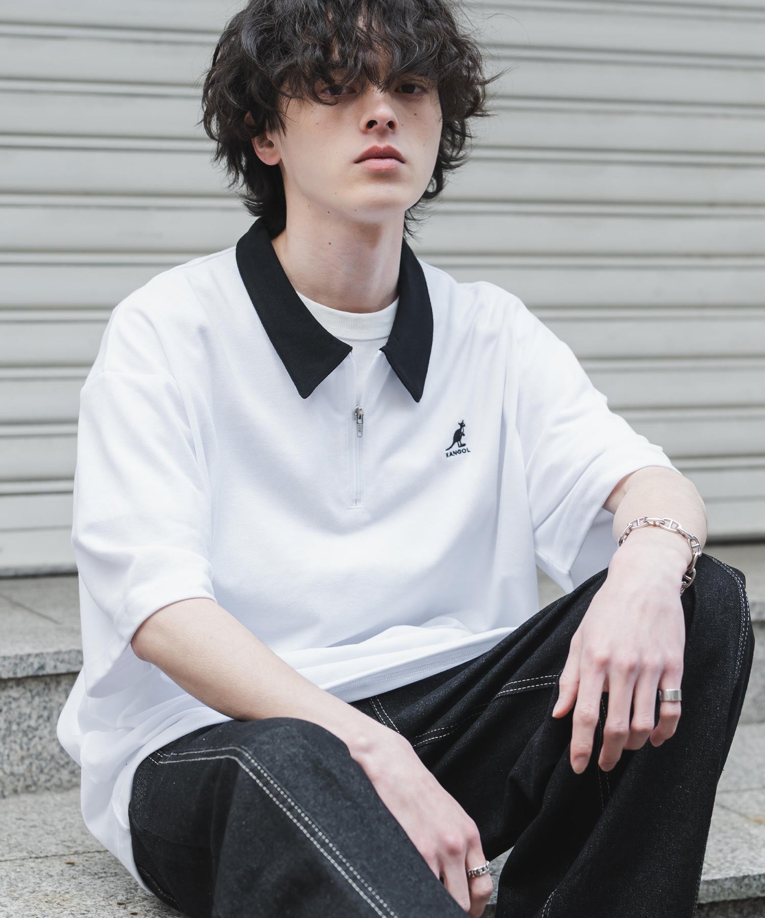 ロッキーモンロー Rocky Monroe KANGOL カンゴール ポロシャツ ハーフジップ 半袖 接触冷感 メンズ レディース 鹿の子 カノコ オーバーサイズ ビッグシルエット 通気性 15474 （ホワイト×ブラック(クレリック)） ホワイト×ブラック(クレリック)