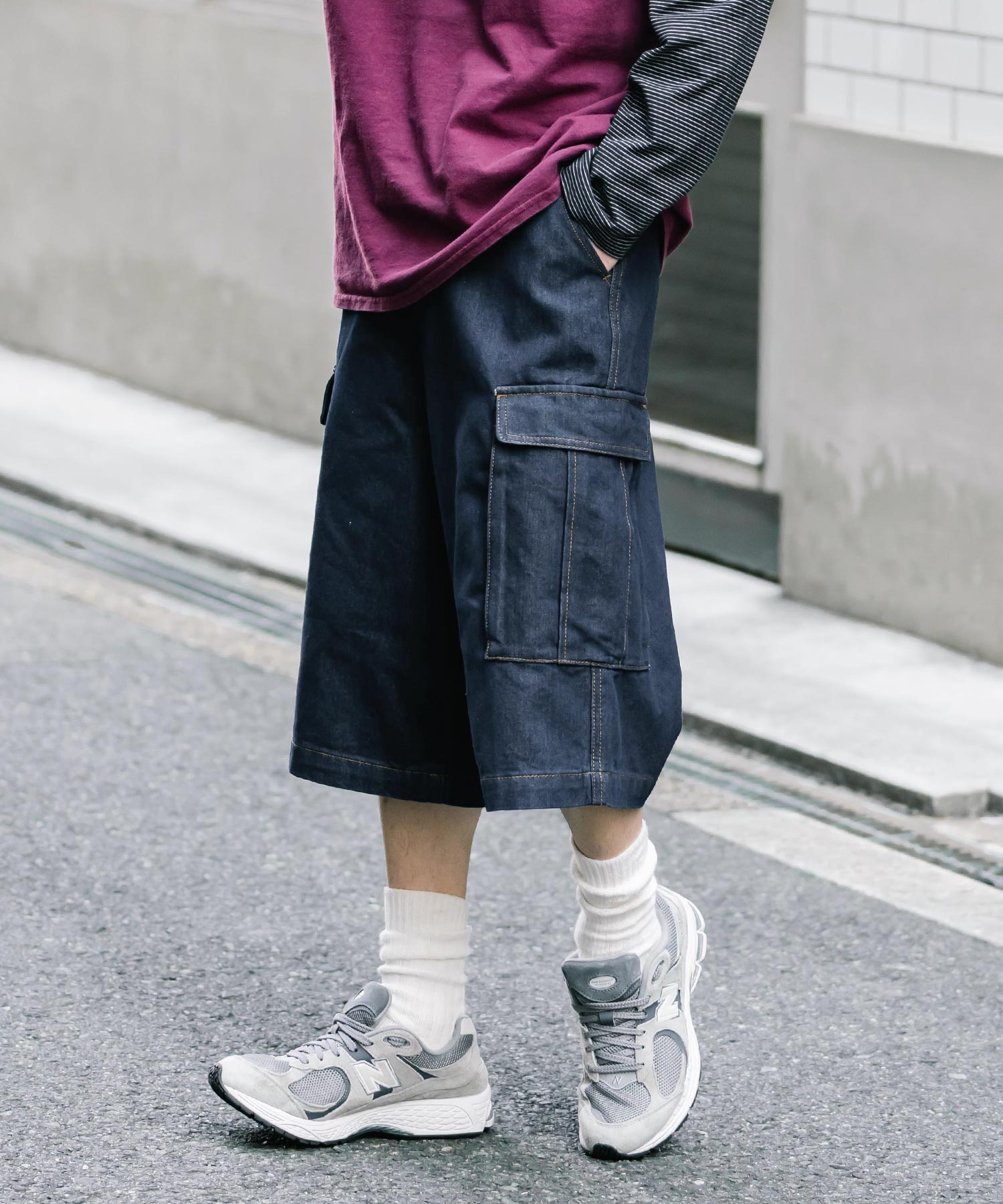 ロッキーモンロー Rocky Monroe カーゴパンツ デニム ハーフ メンズ レディース ショート ワイド 短パン 膝下 半パン ケミカルウォッシュ オーバーダイ リラックス ゆったり 15382 （ワンウォッシュ） ワンウォッシュ