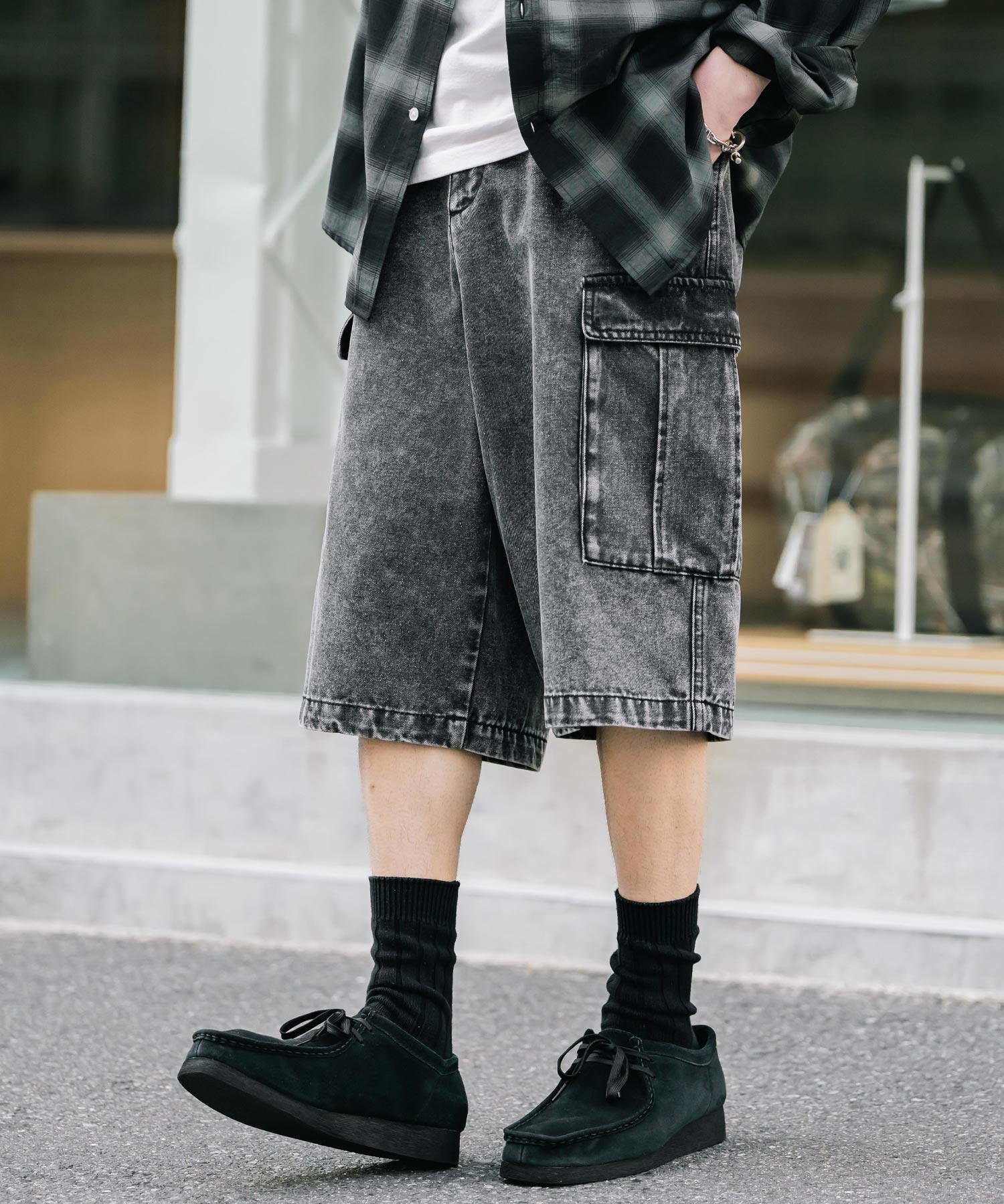 ロッキーモンロー Rocky Monroe カーゴパンツ デニム ハーフ メンズ レディース ショート ワイド 短パン 膝下 半パン ケミカルウォッシュ オーバーダイ リラックス ゆったり 15382 （ワンウォッシュ） ワンウォッシュ