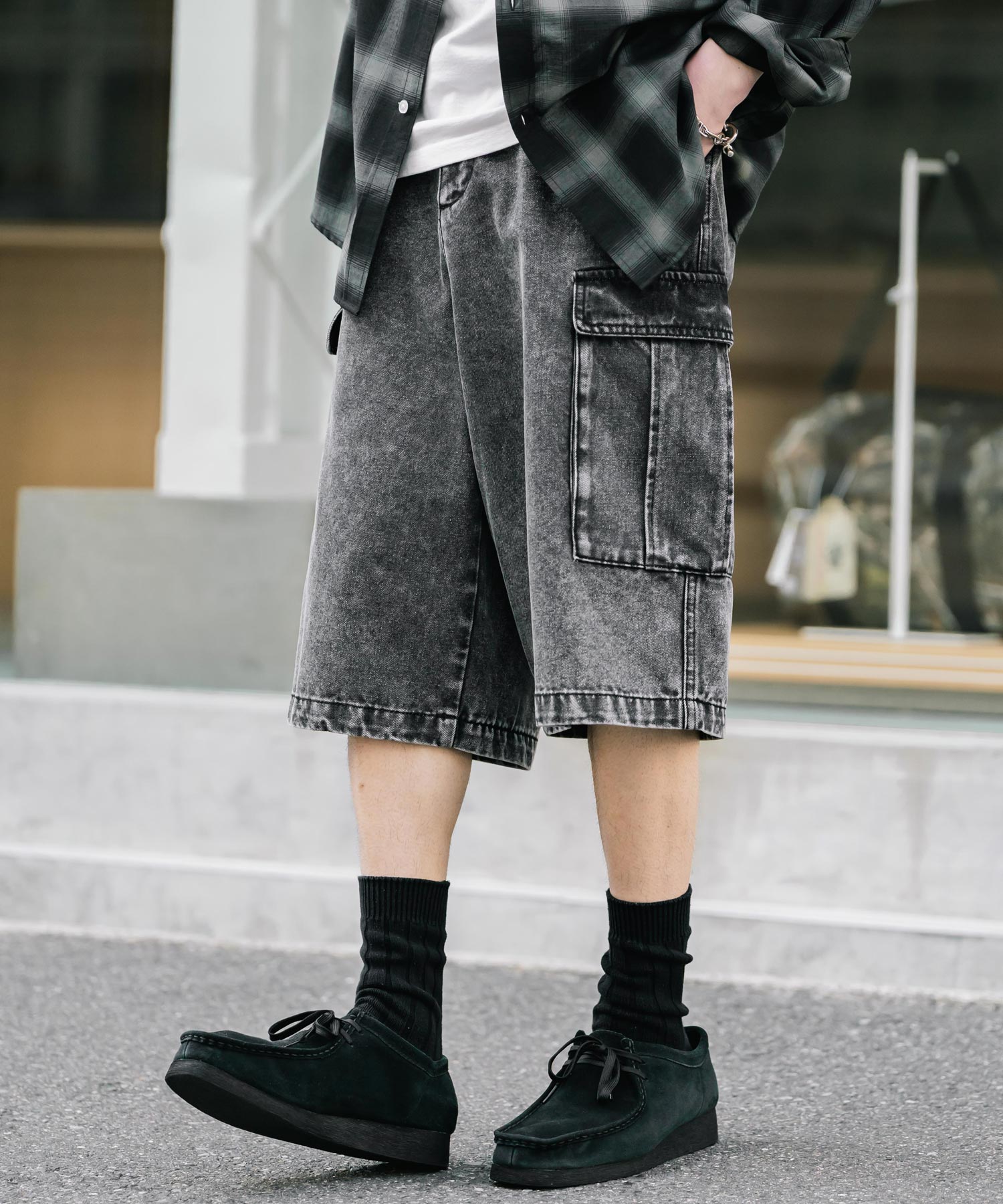 ロッキーモンロー Rocky Monroe カーゴパンツ デニム ハーフ メンズ レディース ショート ワイド 短パン 膝下 半パン ケミカルウォッシュ オーバーダイ リラックス ゆったり 15382 （ワンウォッシュ） ワンウォッシュ