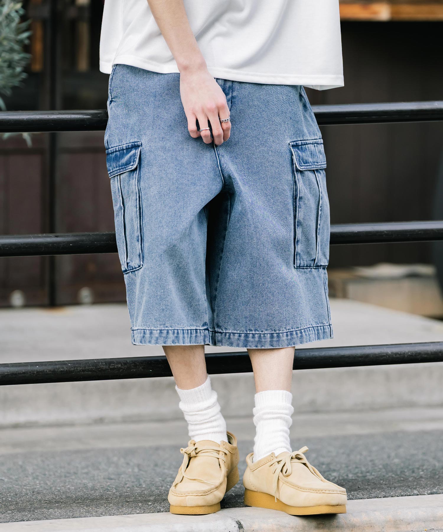 ロッキーモンロー Rocky Monroe カーゴパンツ デニム ハーフ メンズ レディース ショート ワイド 短パン 膝下 半パン ケミカルウォッシュ オーバーダイ リラックス ゆったり 15382 （ワンウォッシュ） ワンウォッシュ