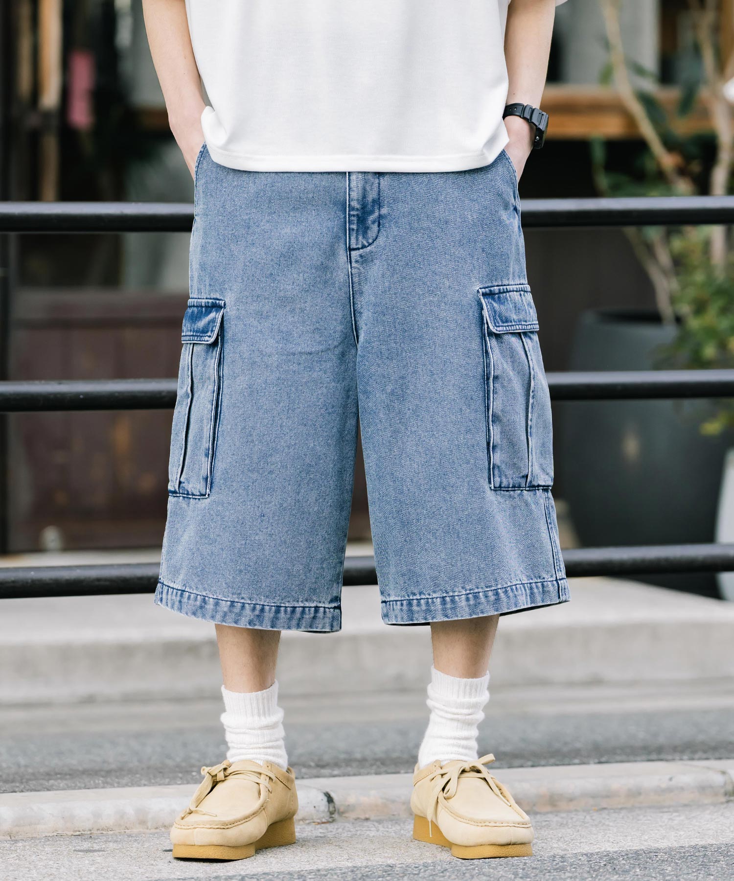 ロッキーモンロー Rocky Monroe カーゴパンツ デニム ハーフ メンズ レディース ショート ワイド 短パン 膝下 半パン ケミカルウォッシュ オーバーダイ リラックス ゆったり 15382 （ワンウォッシュ） ワンウォッシュ