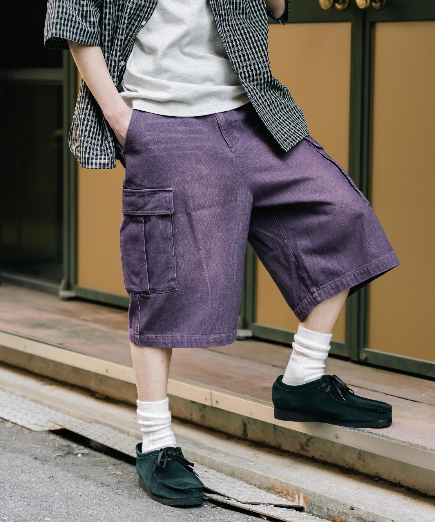 ロッキーモンロー Rocky Monroe カーゴパンツ デニム ハーフ メンズ レディース ショートパンツ ワイド 短パン 膝下 半パン ケミカルウォッシュ オーバーダイ リラックス ゆったり 15382 （パープルオーバーダイ） パープルオーバーダイ