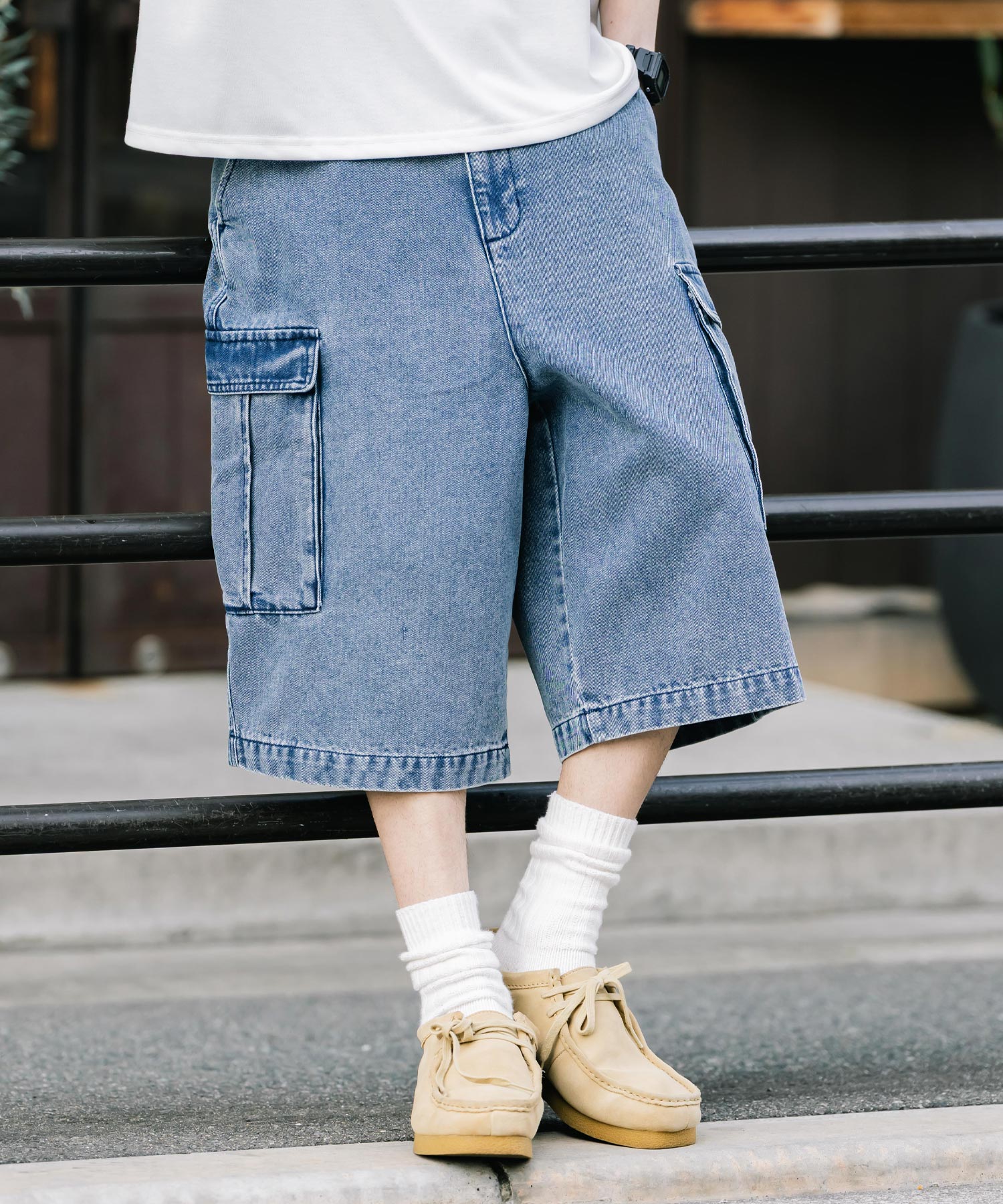 ロッキーモンロー Rocky Monroe カーゴパンツ デニム ハーフ メンズ レディース ショートパンツ ワイド 短パン 膝下 半パン ケミカルウォッシュ オーバーダイ リラックス ゆったり 15382 （ブルーケミカル） ブルーケミカル