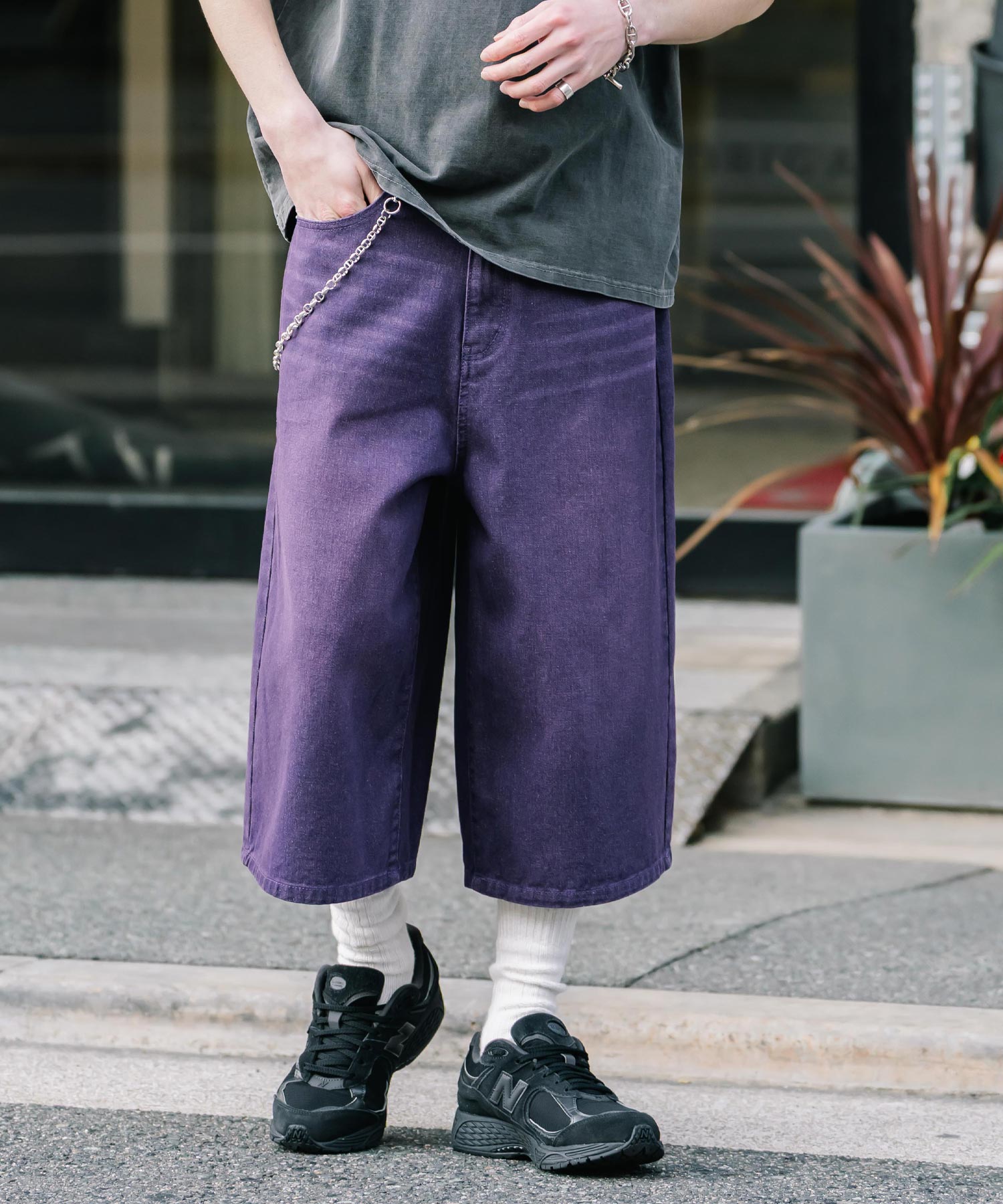 ロッキーモンロー Rocky Monroe ハーフパンツ デニム バギー メンズ レディース ワイド 短パン 半パン 膝下 7分丈 クロップド ケミカルウォッシュ オーバーダイ リラックス 15374 （パープルオーバーダイ） パープルオーバーダイ