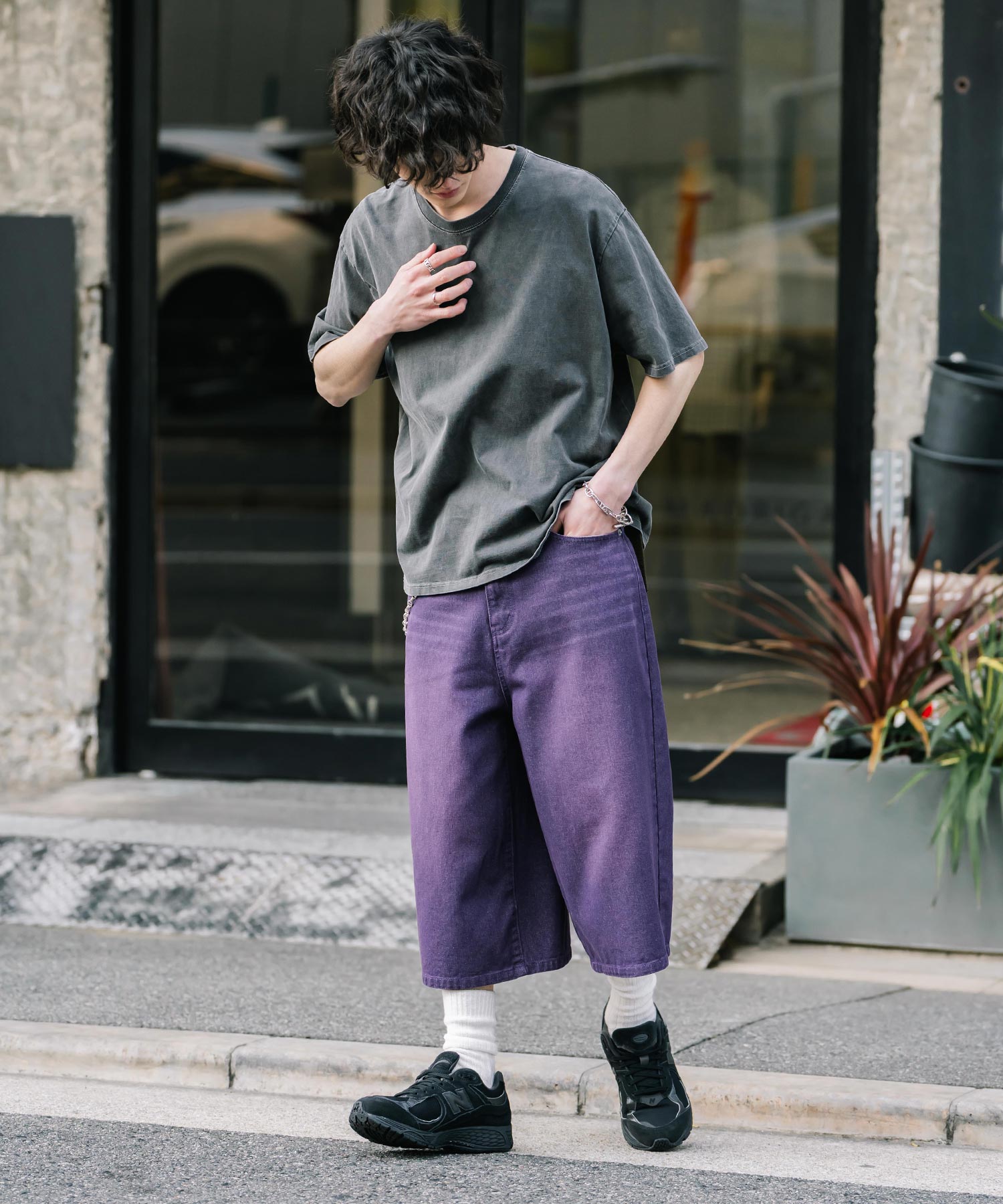ロッキーモンロー Rocky Monroe ハーフパンツ デニム バギー メンズ レディース ワイド 短パン 半パン 膝下 7分丈 クロップド ケミカルウォッシュ オーバーダイ リラックス 15374 （パープルオーバーダイ） パープルオーバーダイ