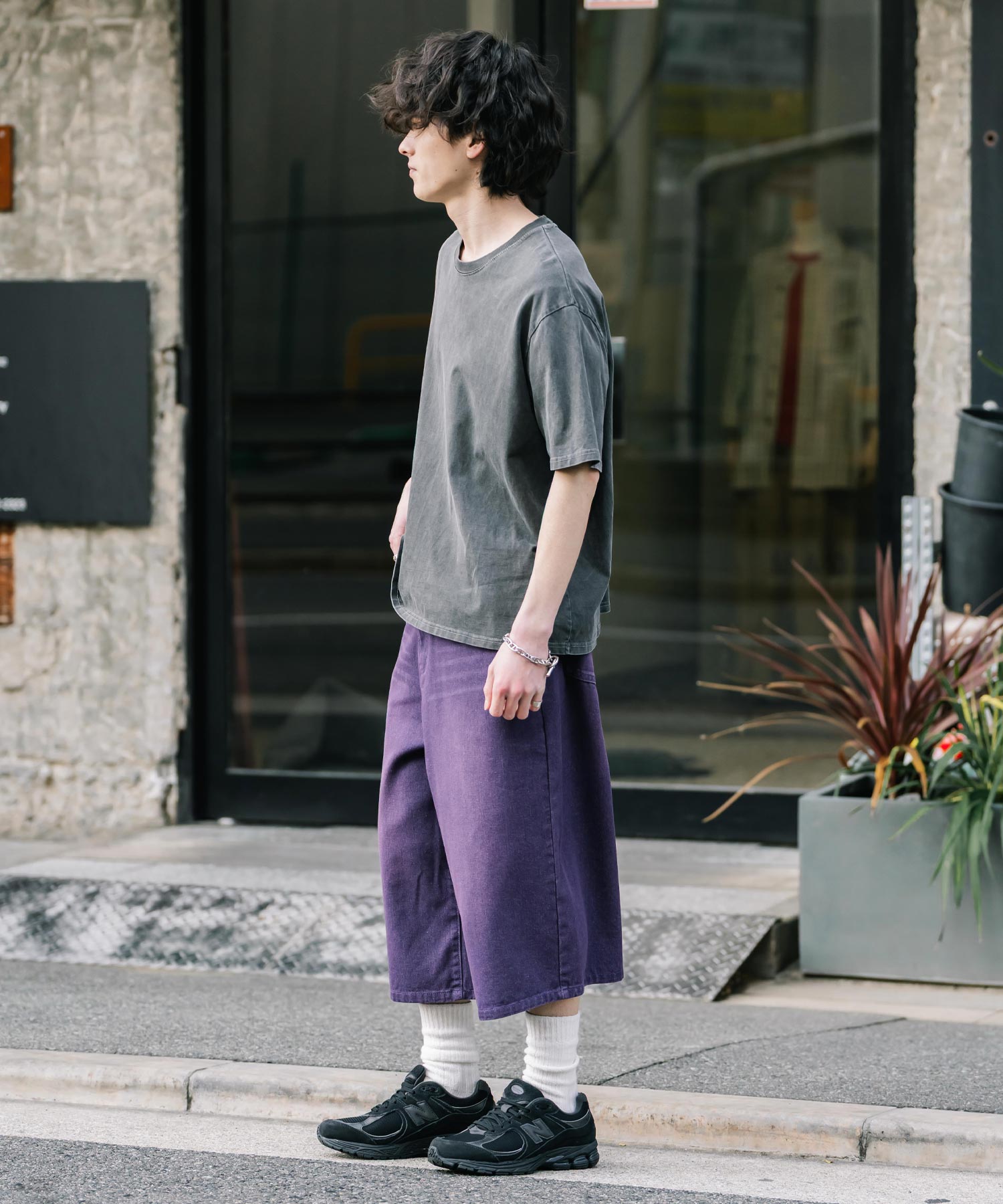 ロッキーモンロー Rocky Monroe ハーフパンツ デニム バギー メンズ レディース ワイド 短パン 半パン 膝下 7分丈 クロップド ケミカルウォッシュ オーバーダイ リラックス 15374 （パープルオーバーダイ） パープルオーバーダイ