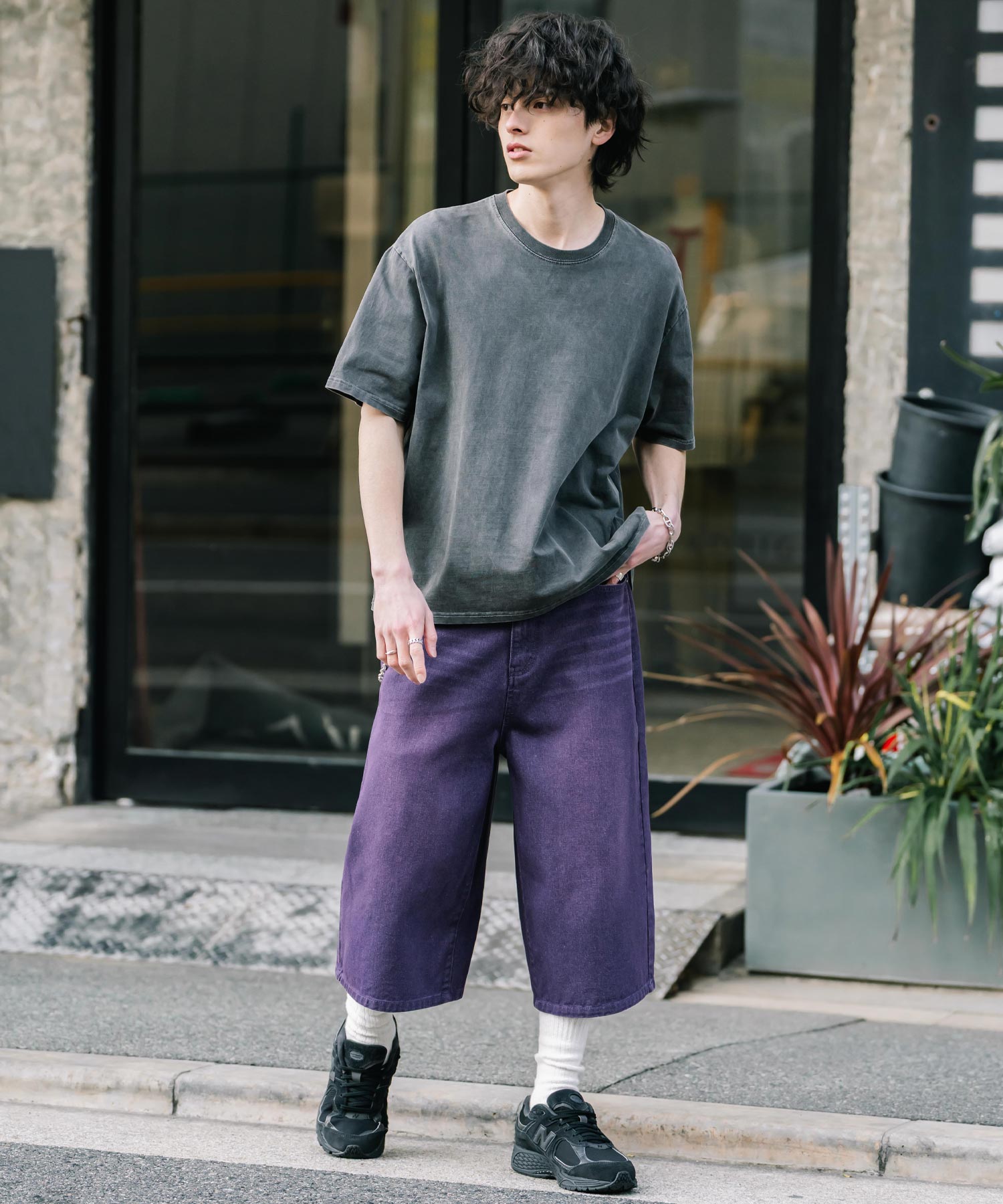 ロッキーモンロー Rocky Monroe ハーフパンツ デニム バギー メンズ レディース ワイド 短パン 半パン 膝下 7分丈 クロップド ケミカルウォッシュ オーバーダイ リラックス 15374 （パープルオーバーダイ） パープルオーバーダイ