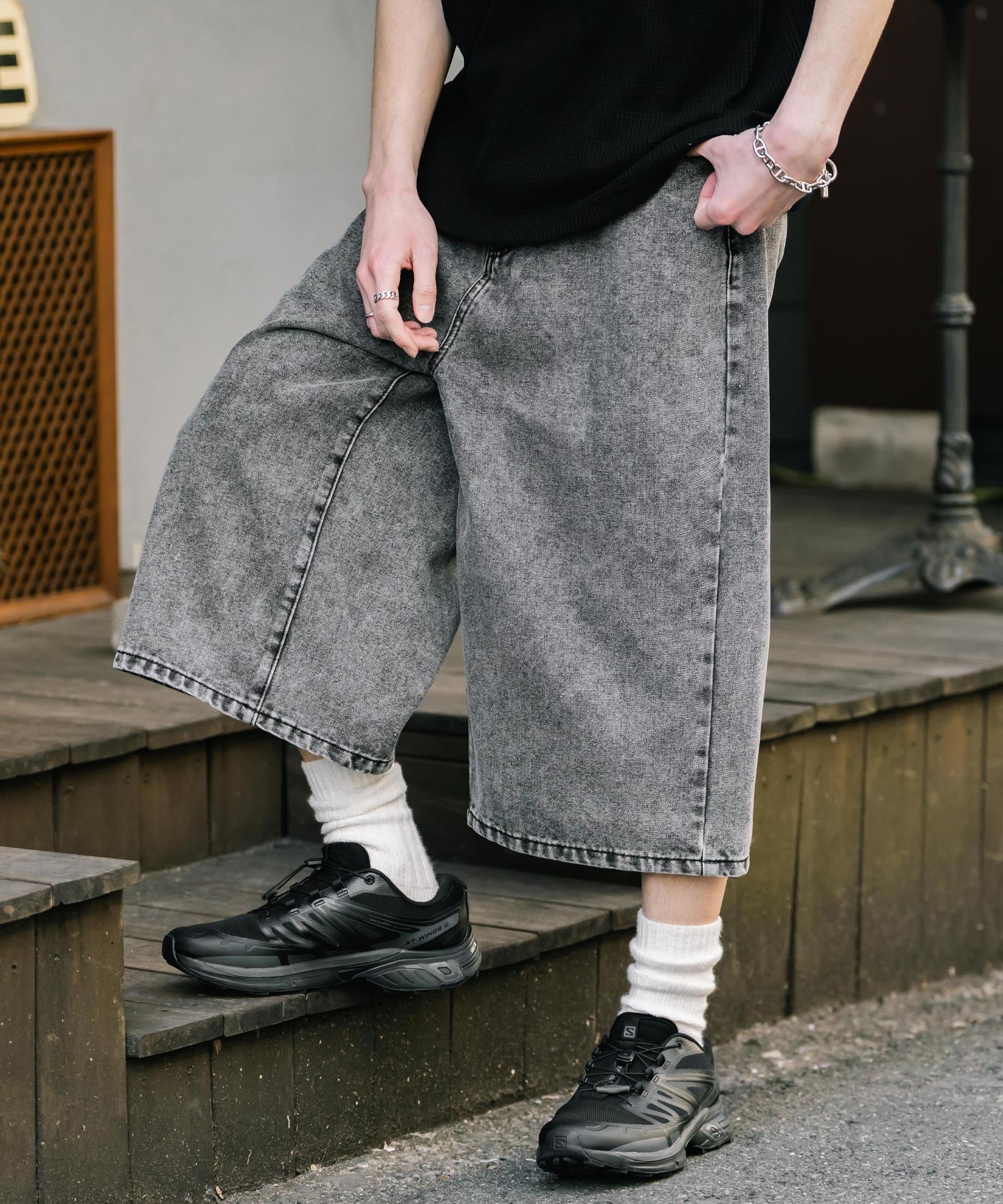 ロッキーモンロー Rocky Monroe ハーフパンツ デニム バギー メンズ レディース ワイド 短パン 半パン 膝下 7分丈 クロップド ケミカルウォッシュ オーバーダイ リラックス 15374 （パープルオーバーダイ） パープルオーバーダイ