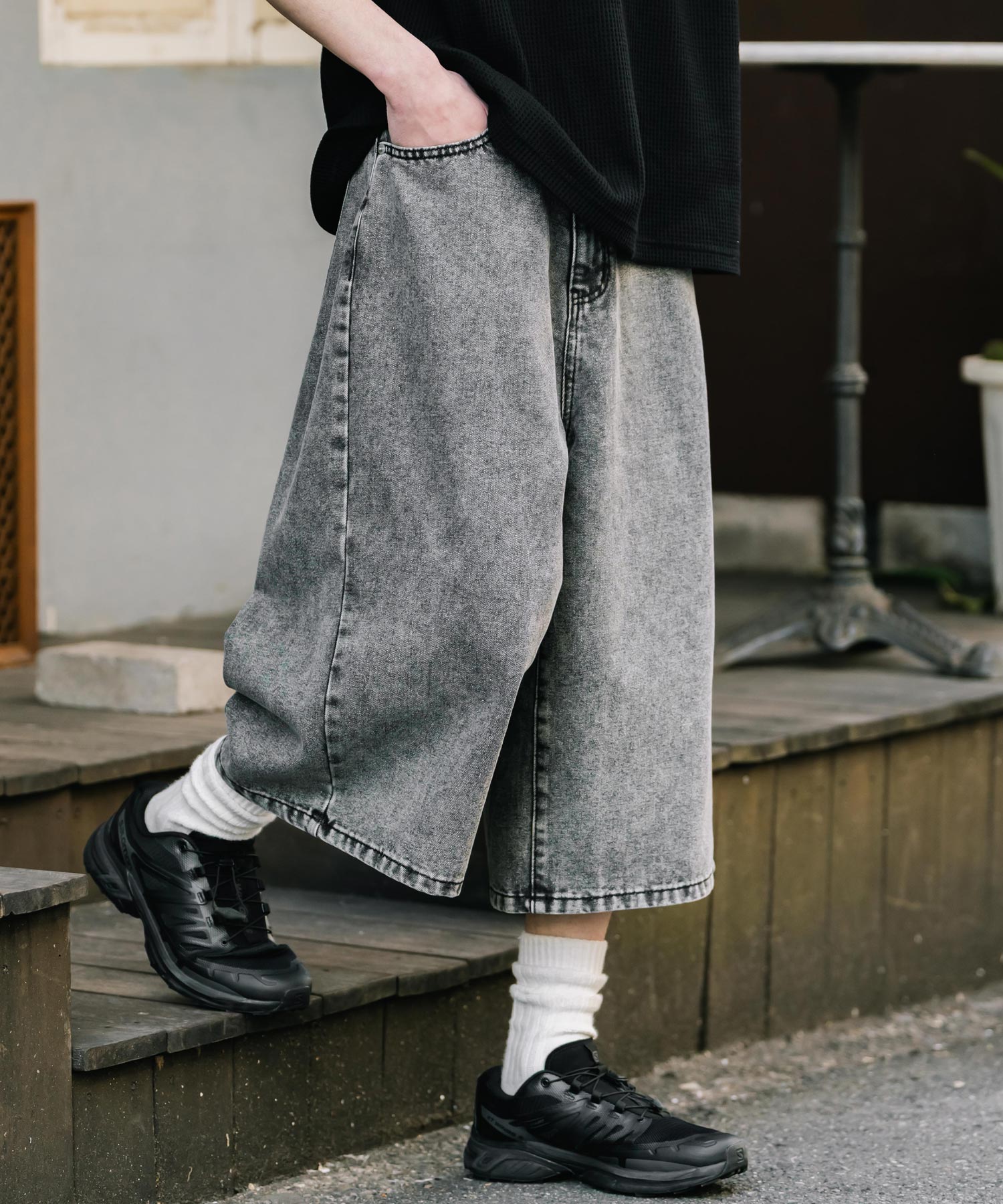 ロッキーモンロー Rocky Monroe ハーフパンツ デニム バギー メンズ レディース ワイド 短パン 半パン 膝下 7分丈 クロップド ケミカルウォッシュ オーバーダイ リラックス 15374 （パープルオーバーダイ） パープルオーバーダイ