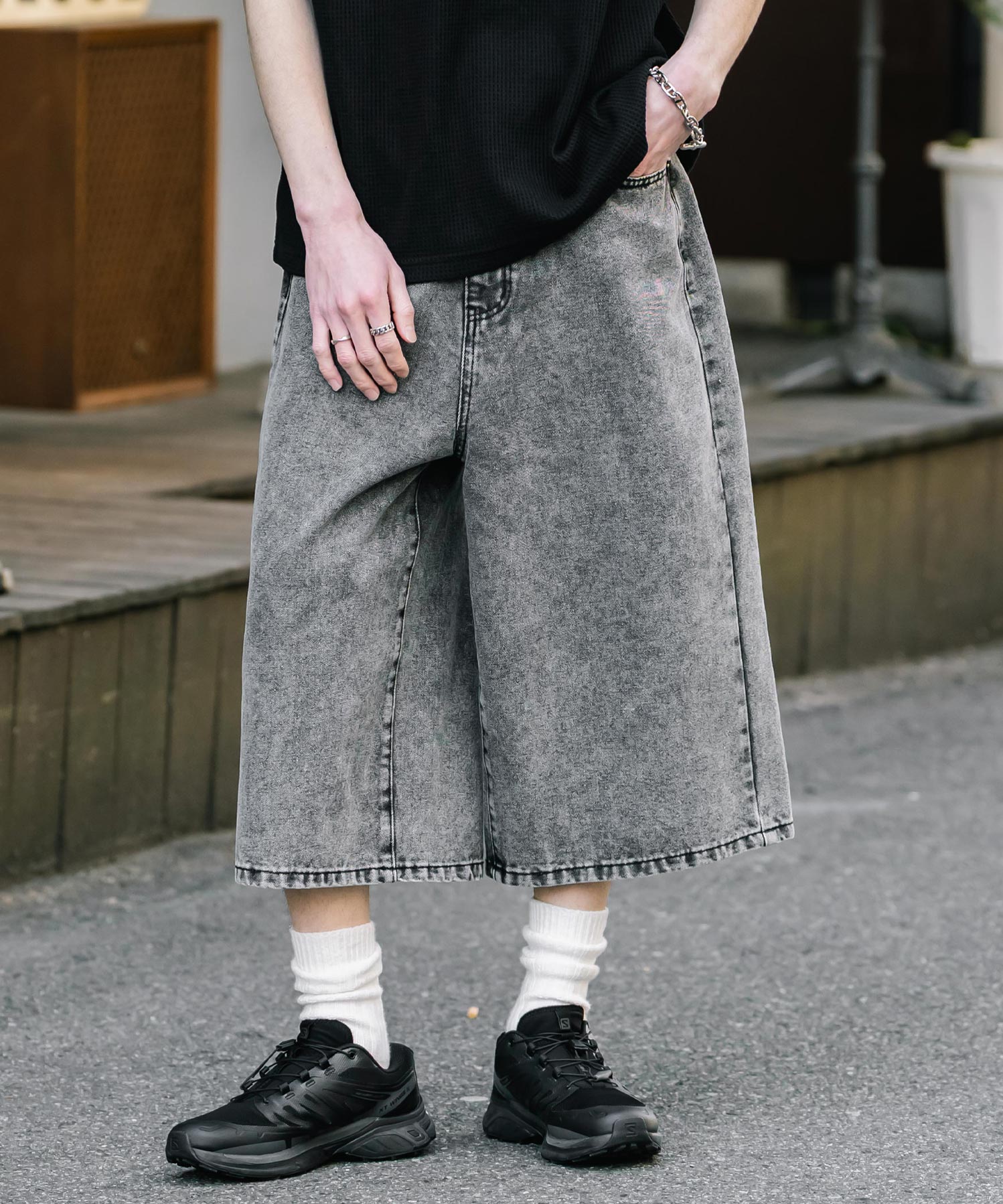 ロッキーモンロー Rocky Monroe ハーフパンツ デニム バギー メンズ レディース ワイド 短パン 半パン 膝下 7分丈 クロップド ケミカルウォッシュ オーバーダイ リラックス 15374 （パープルオーバーダイ） パープルオーバーダイ