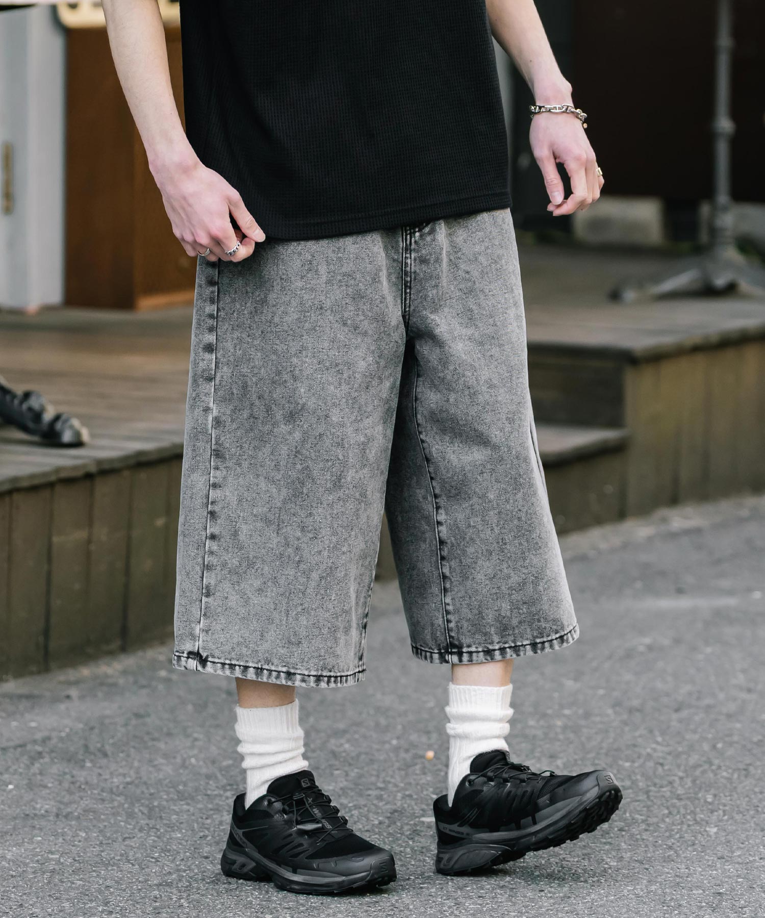 ロッキーモンロー Rocky Monroe ハーフパンツ デニム バギー メンズ レディース ワイド 短パン 半パン 膝下 7分丈 クロップド ケミカルウォッシュ オーバーダイ リラックス 15374 （パープルオーバーダイ） パープルオーバーダイ