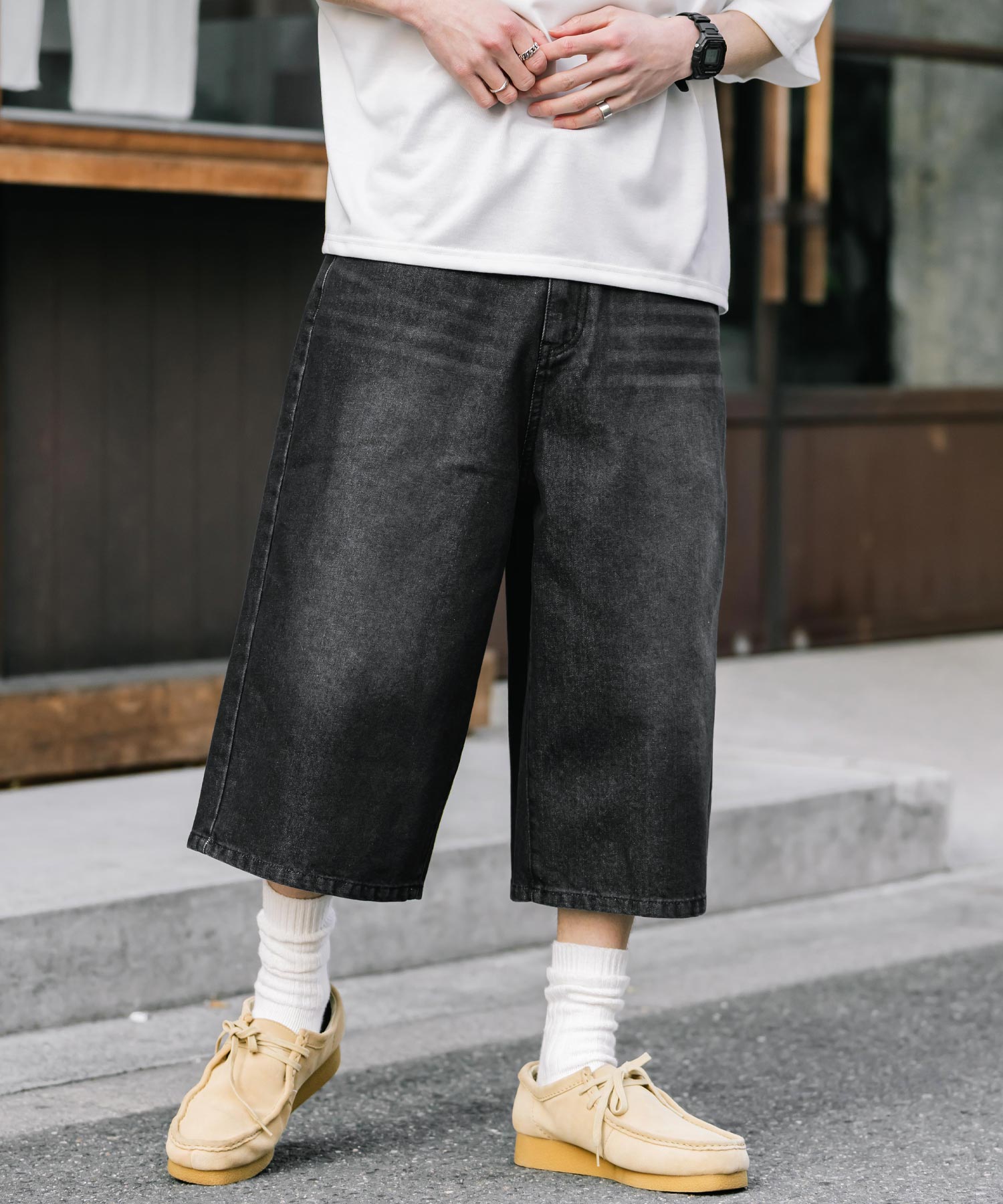 ロッキーモンロー Rocky Monroe ハーフパンツ デニム バギー メンズ レディース ワイド 短パン 半パン 膝下 7分丈 クロップド ケミカルウォッシュ オーバーダイ リラックス 15374 （パープルオーバーダイ） パープルオーバーダイ