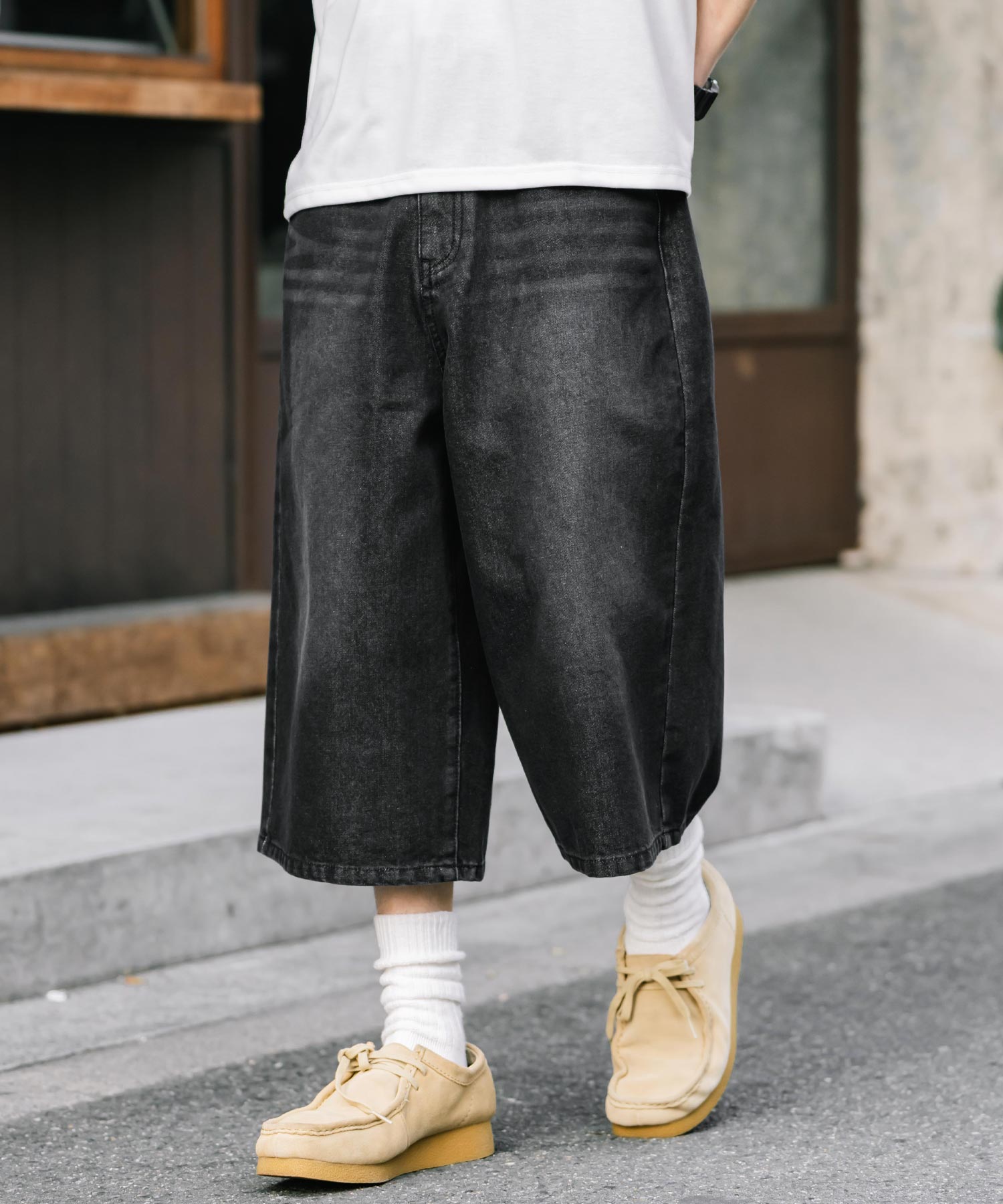 ロッキーモンロー Rocky Monroe ハーフパンツ デニム バギー メンズ レディース ワイド 短パン 半パン 膝下 7分丈 クロップド ケミカルウォッシュ オーバーダイ リラックス 15374 （パープルオーバーダイ） パープルオーバーダイ