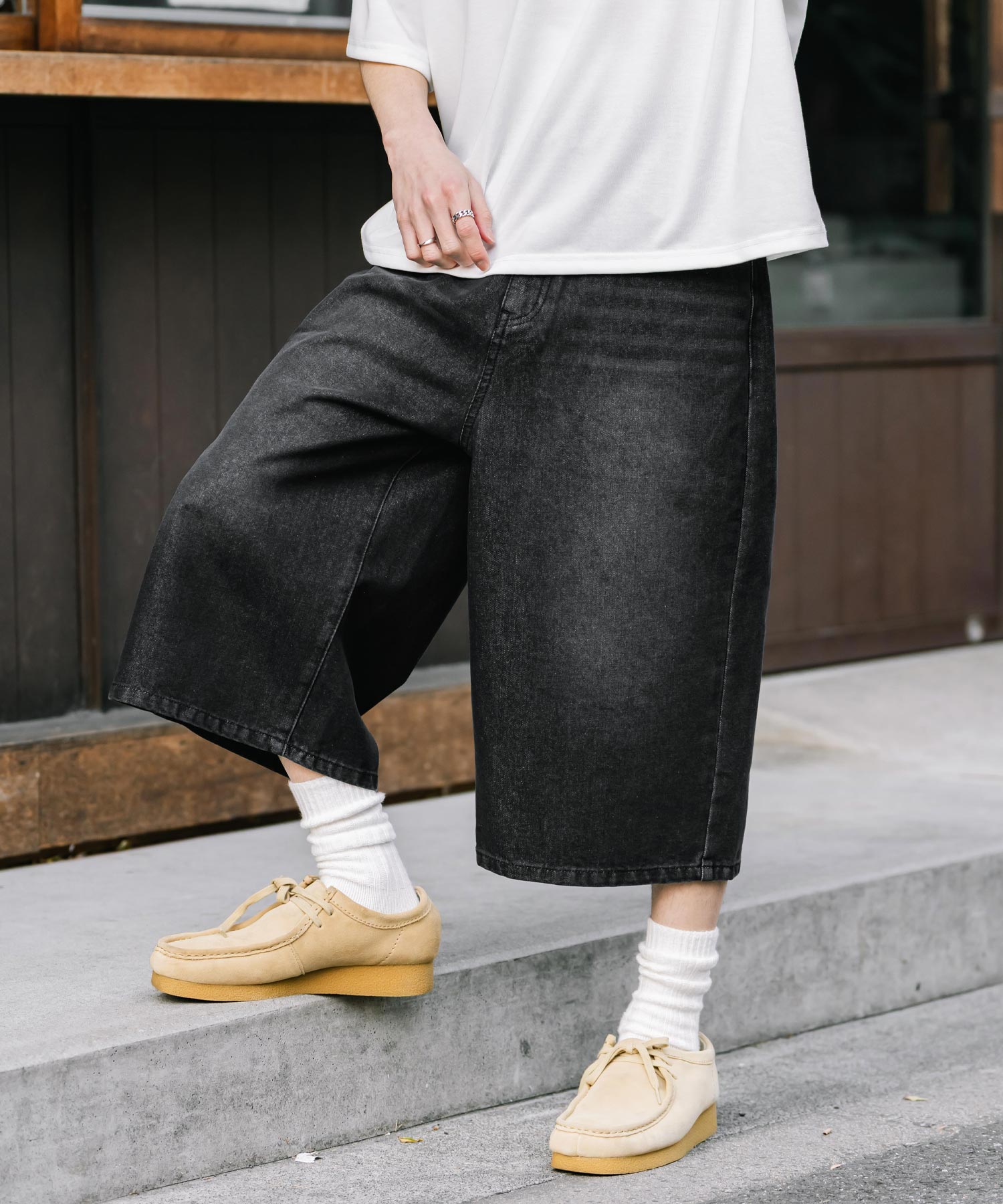 ロッキーモンロー Rocky Monroe ハーフパンツ デニム バギー メンズ レディース ワイド 短パン 半パン 膝下 7分丈 クロップド ケミカルウォッシュ オーバーダイ リラックス 15374 （パープルオーバーダイ） パープルオーバーダイ