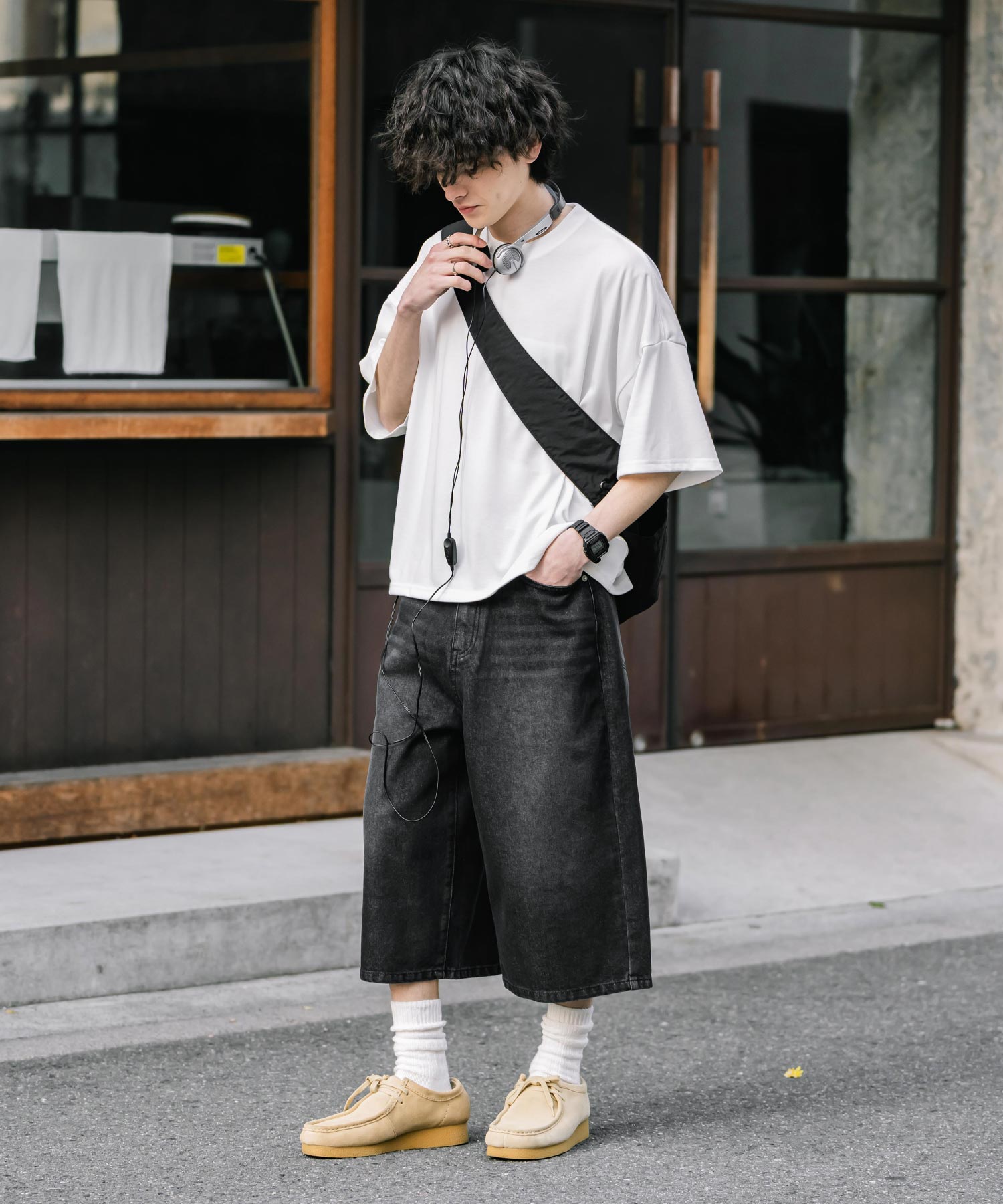 ロッキーモンロー Rocky Monroe ハーフパンツ デニム バギー メンズ レディース ワイド 短パン 半パン 膝下 7分丈 クロップド ケミカルウォッシュ オーバーダイ リラックス 15374 （パープルオーバーダイ） パープルオーバーダイ