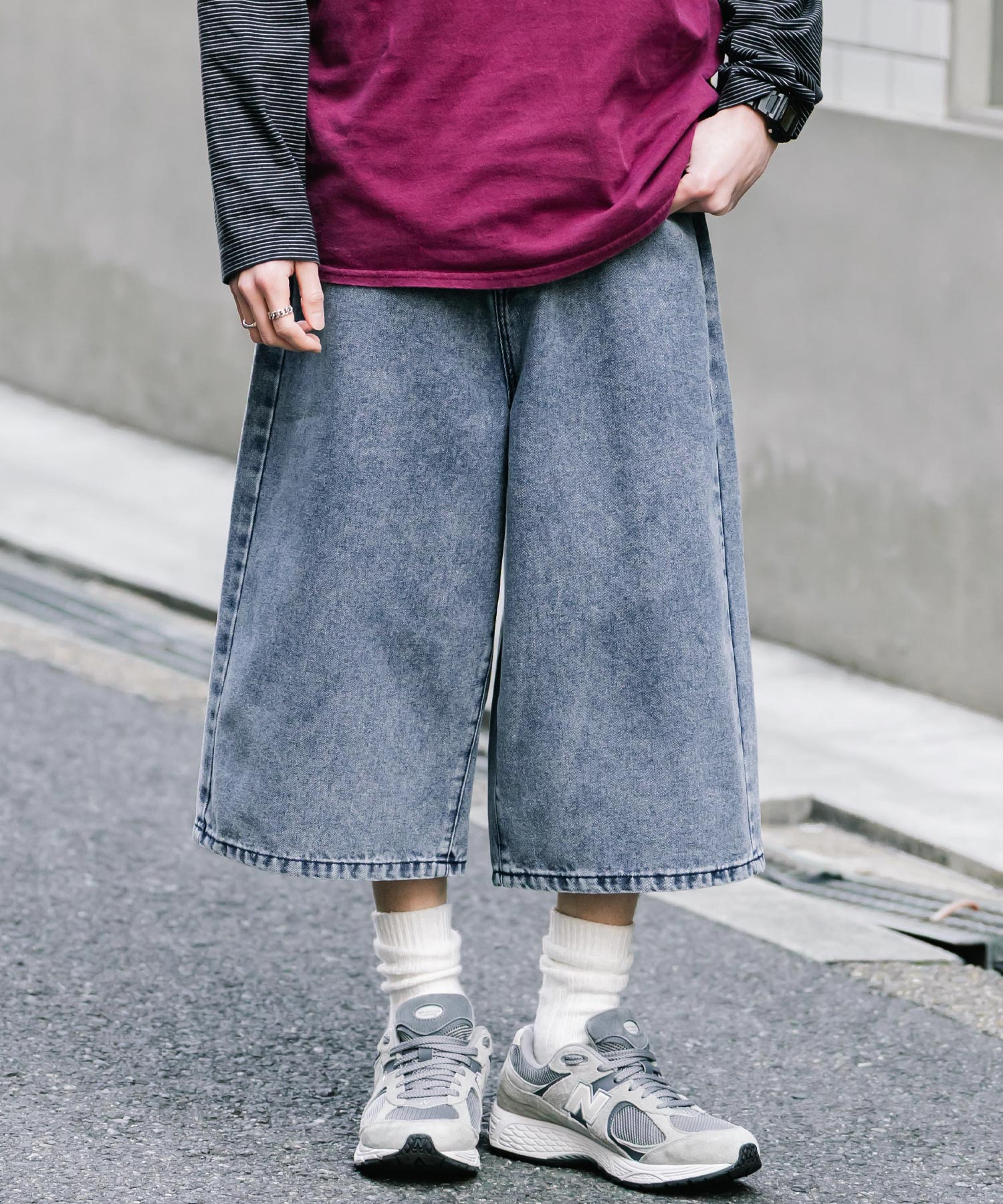 ロッキーモンロー Rocky Monroe ハーフパンツ デニム バギー メンズ レディース ワイド 短パン 半パン 膝下 7分丈 クロップド ケミカルウォッシュ オーバーダイ リラックス 15374 （パープルオーバーダイ） パープルオーバーダイ