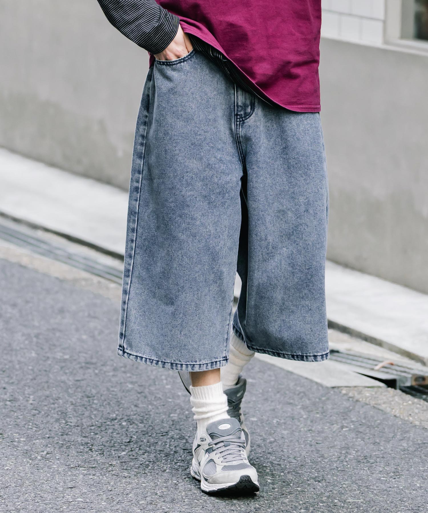 ロッキーモンロー Rocky Monroe ハーフパンツ デニム バギー メンズ レディース ワイド 短パン 半パン 膝下 7分丈 クロップド ケミカルウォッシュ オーバーダイ リラックス 15374 （パープルオーバーダイ） パープルオーバーダイ