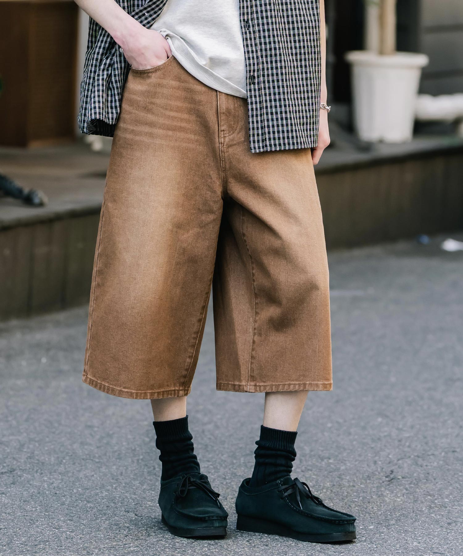ロッキーモンロー Rocky Monroe ハーフパンツ デニム バギー メンズ レディース ワイド 短パン 半パン 膝下 7分丈 クロップド ケミカルウォッシュ オーバーダイ リラックス 15374 （パープルオーバーダイ） パープルオーバーダイ