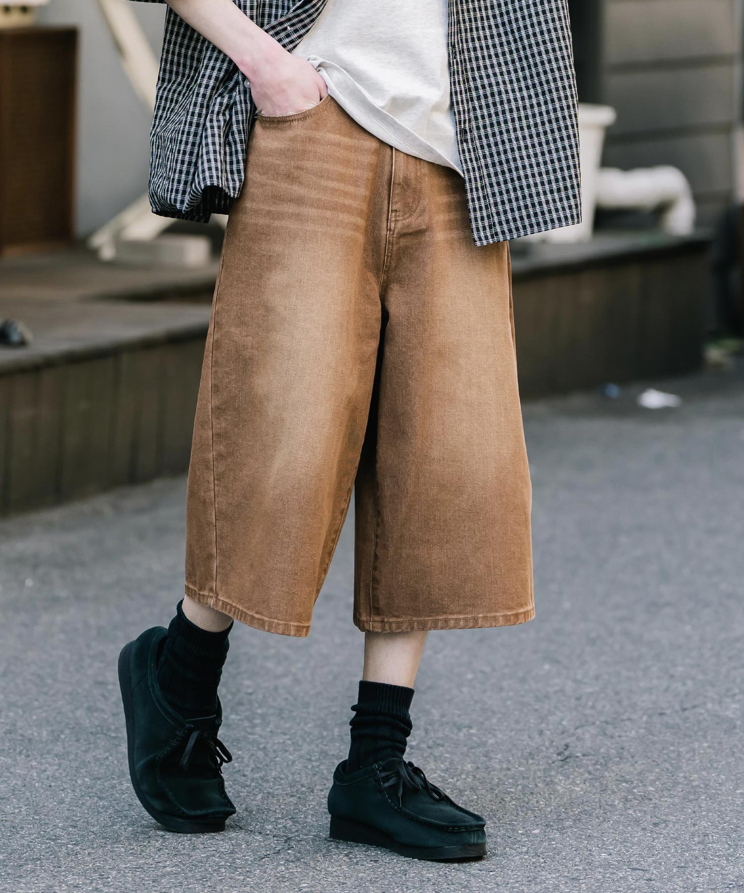 ロッキーモンロー Rocky Monroe ハーフパンツ デニム バギー メンズ レディース ワイド 短パン 半パン 膝下 7分丈 クロップド ケミカルウォッシュ オーバーダイ リラックス 15374 （パープルオーバーダイ） パープルオーバーダイ