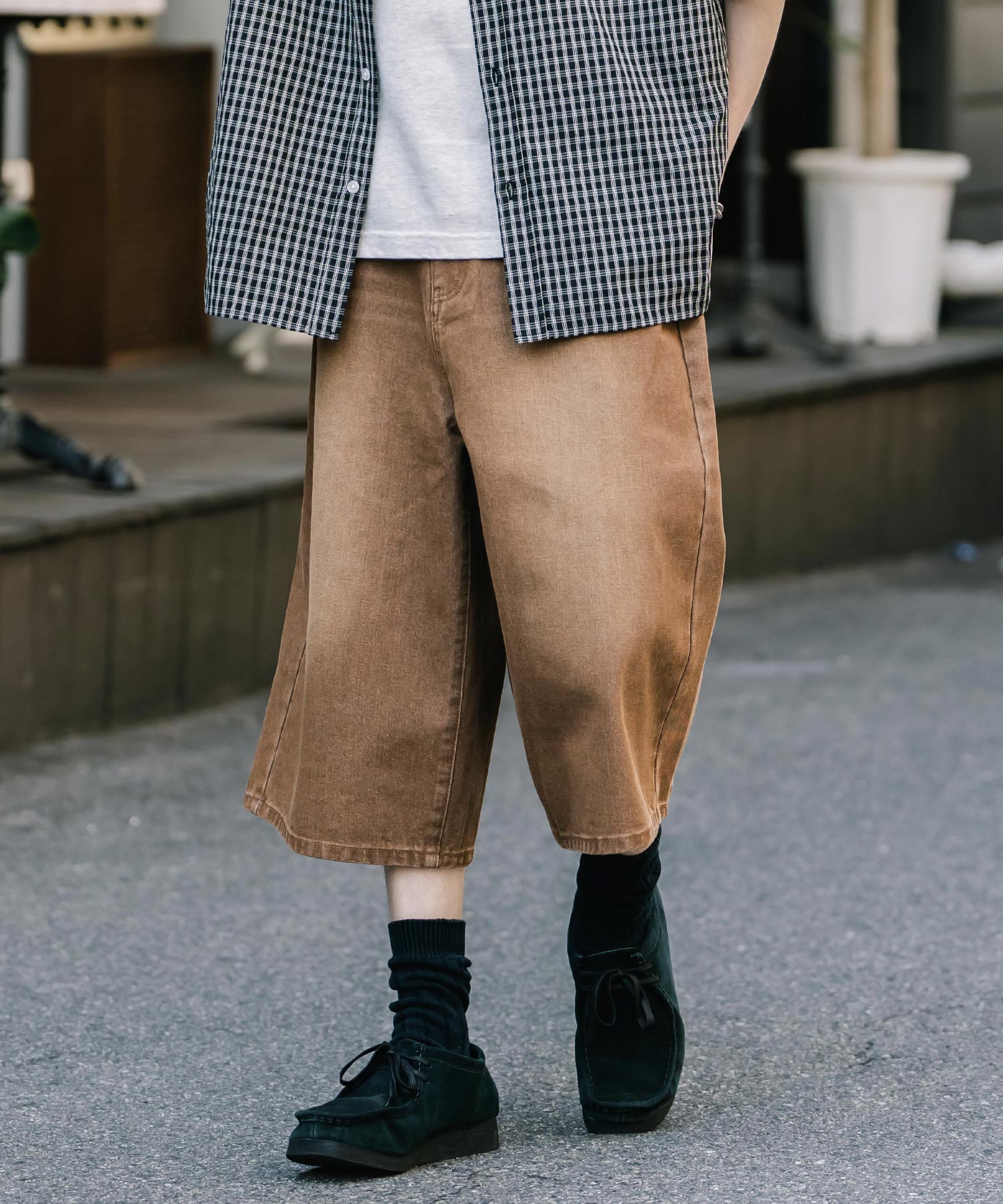 ロッキーモンロー Rocky Monroe ハーフパンツ デニム バギー メンズ レディース ワイド 短パン 半パン 膝下 7分丈 クロップド ケミカルウォッシュ オーバーダイ リラックス 15374 （パープルオーバーダイ） パープルオーバーダイ
