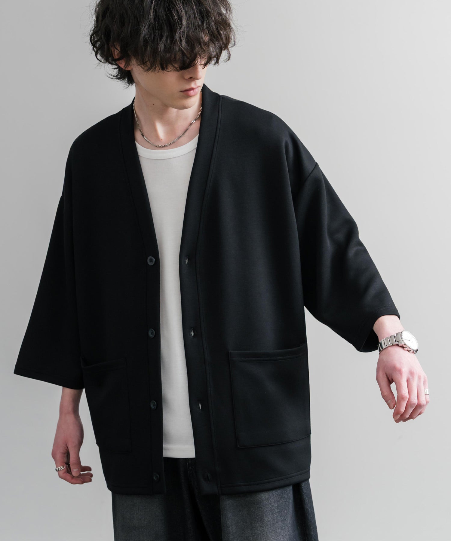 ロッキーモンロー Rocky Monroe 接触冷感 カーディガン 半端袖 メンズ レディース オーバーサイズ 七分 清涼感 ポンチ Vネック 無地 羽織り ライトアウター ストレッチ 15872 （1.ブラック） 1.ブラック