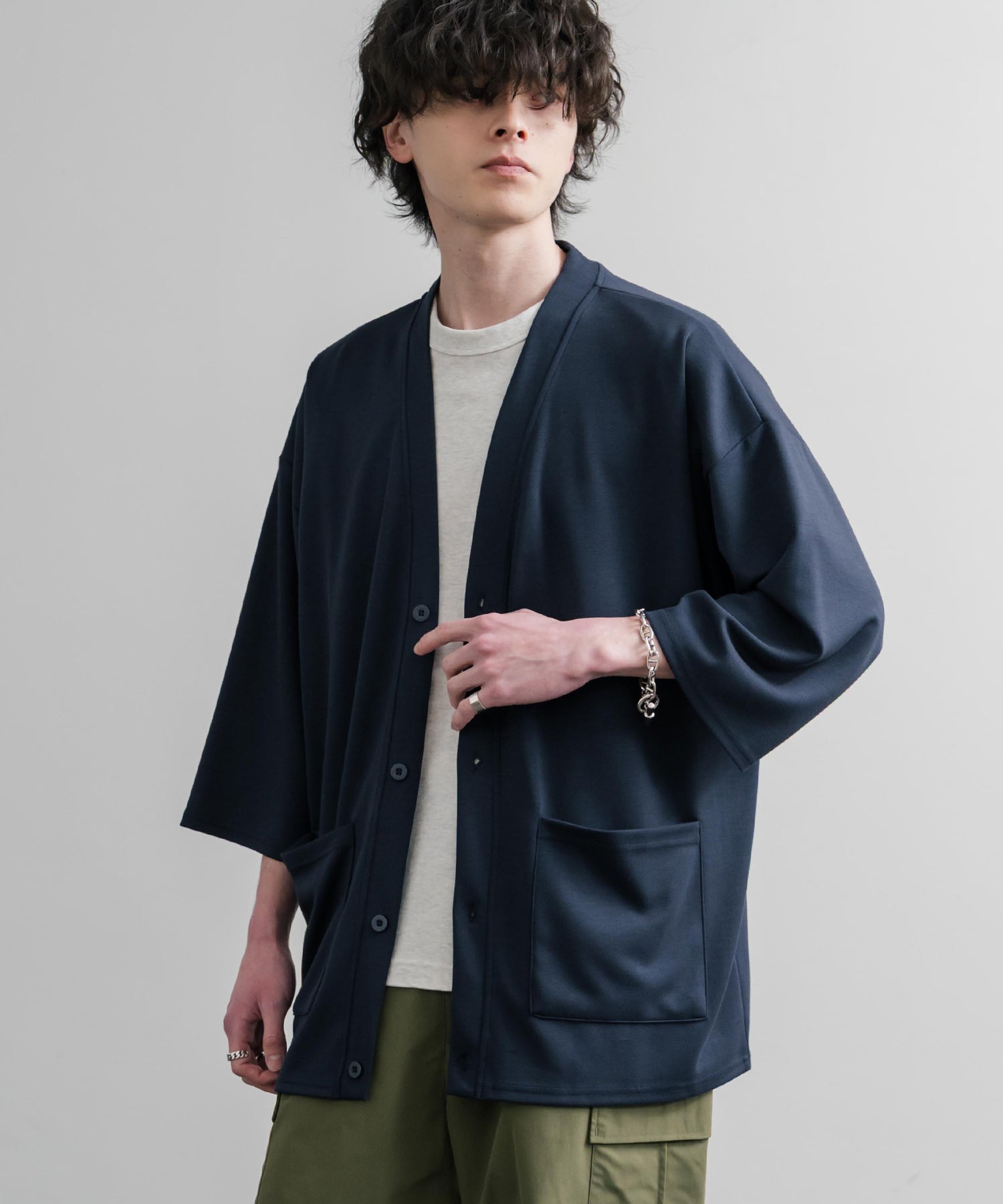 ロッキーモンロー Rocky Monroe 接触冷感 カーディガン 半端袖 メンズ レディース オーバーサイズ 七分 清涼感 ポンチ Vネック 無地 羽織り ライトアウター ストレッチ 15872 （4.ネイビー） 4.ネイビー