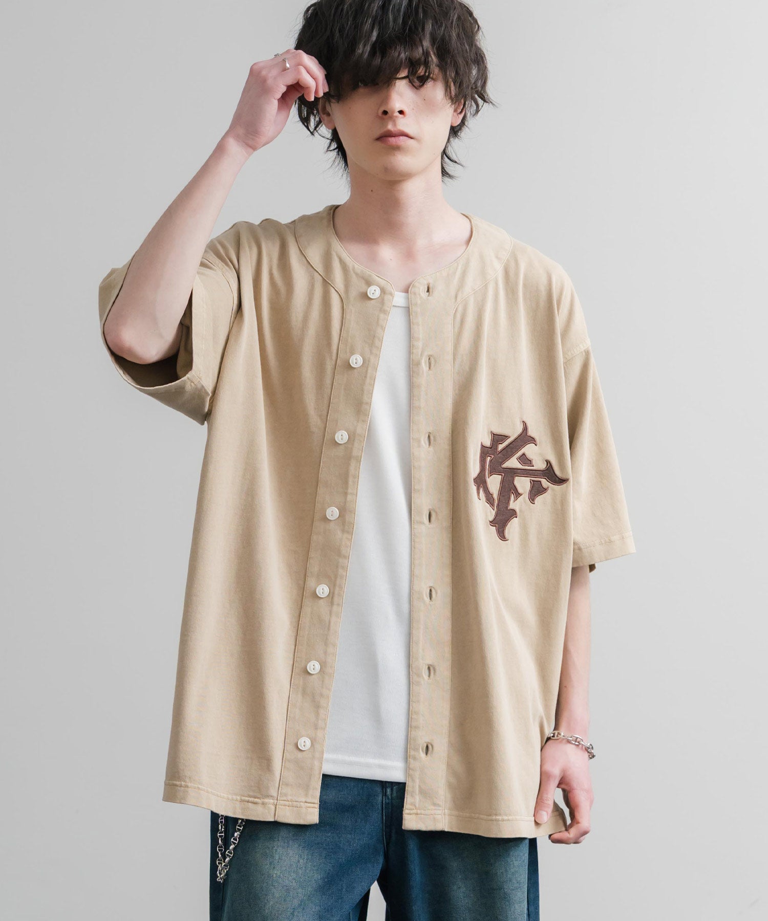ロッキーモンロー Rocky Monroe ベースボールシャツ 半袖 ピグメント加工 メンズ レディース 刺繍 オーバーサイズ ビッグシルエット ルーズ KRIFF MAYER 2547200 15908 （17.チャコール） 17.チャコール