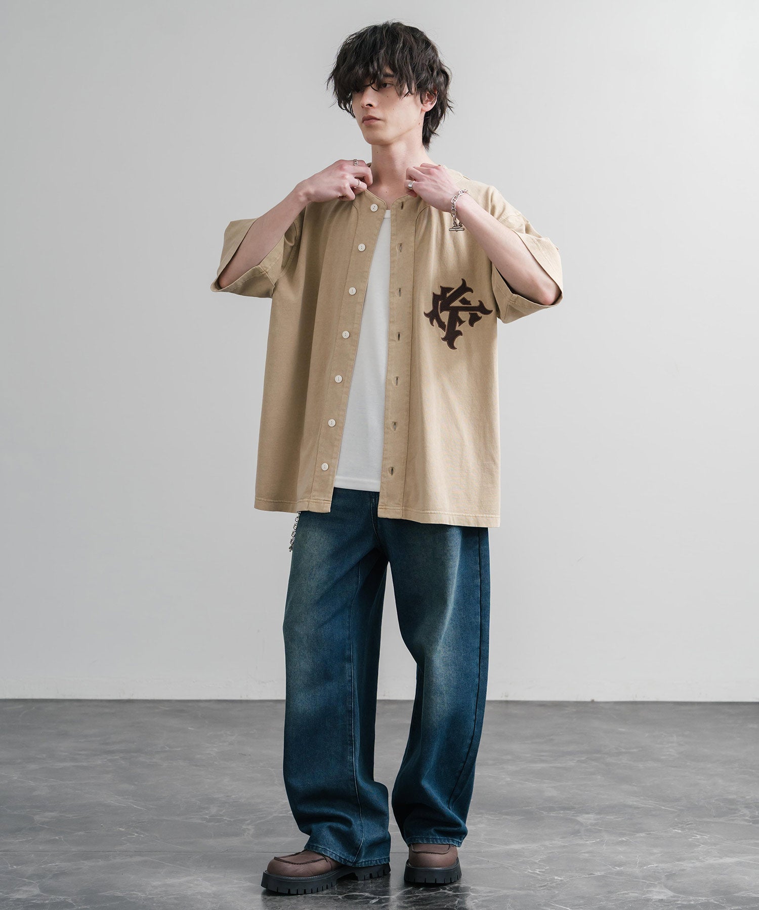 ロッキーモンロー Rocky Monroe ベースボールシャツ 半袖 ピグメント加工 メンズ レディース 刺繍 オーバーサイズ ビッグシルエット ルーズ KRIFF MAYER 2547200 15908 （17.チャコール） 17.チャコール