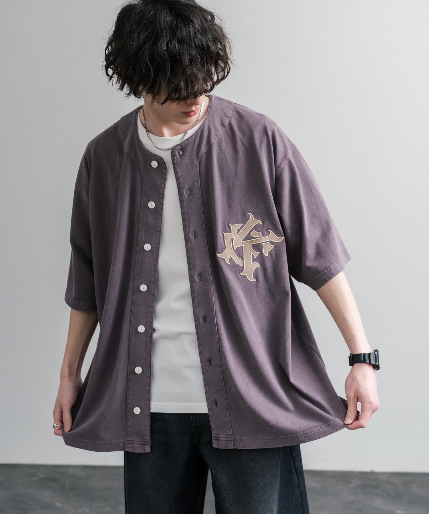 ロッキーモンロー Rocky Monroe ベースボールシャツ 半袖 ピグメント加工 メンズ レディース 刺繍 オーバーサイズ ビッグシルエット ルーズ KRIFF MAYER 2547200 15908 （17.チャコール） 17.チャコール
