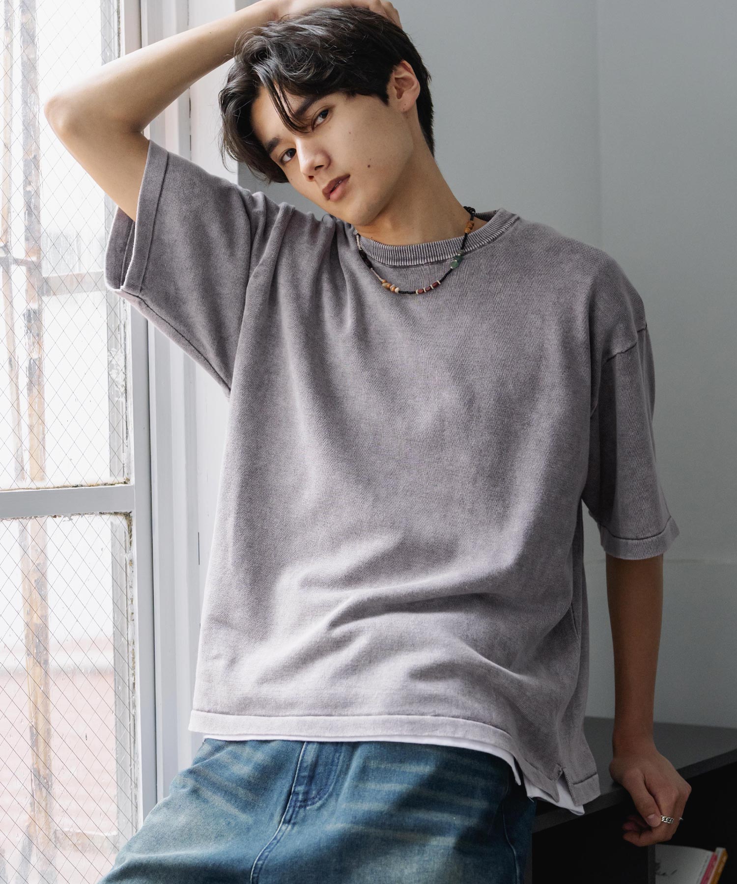ロッキーモンロー Rocky Monroe ニット 半袖 メンズ レディース コットンニット ニットソー オーバーサイズ ルーズ リラックス ゆったり ヴィンテージ フェード ストーンウォッシュ 15777 （チャコール） チャコール
