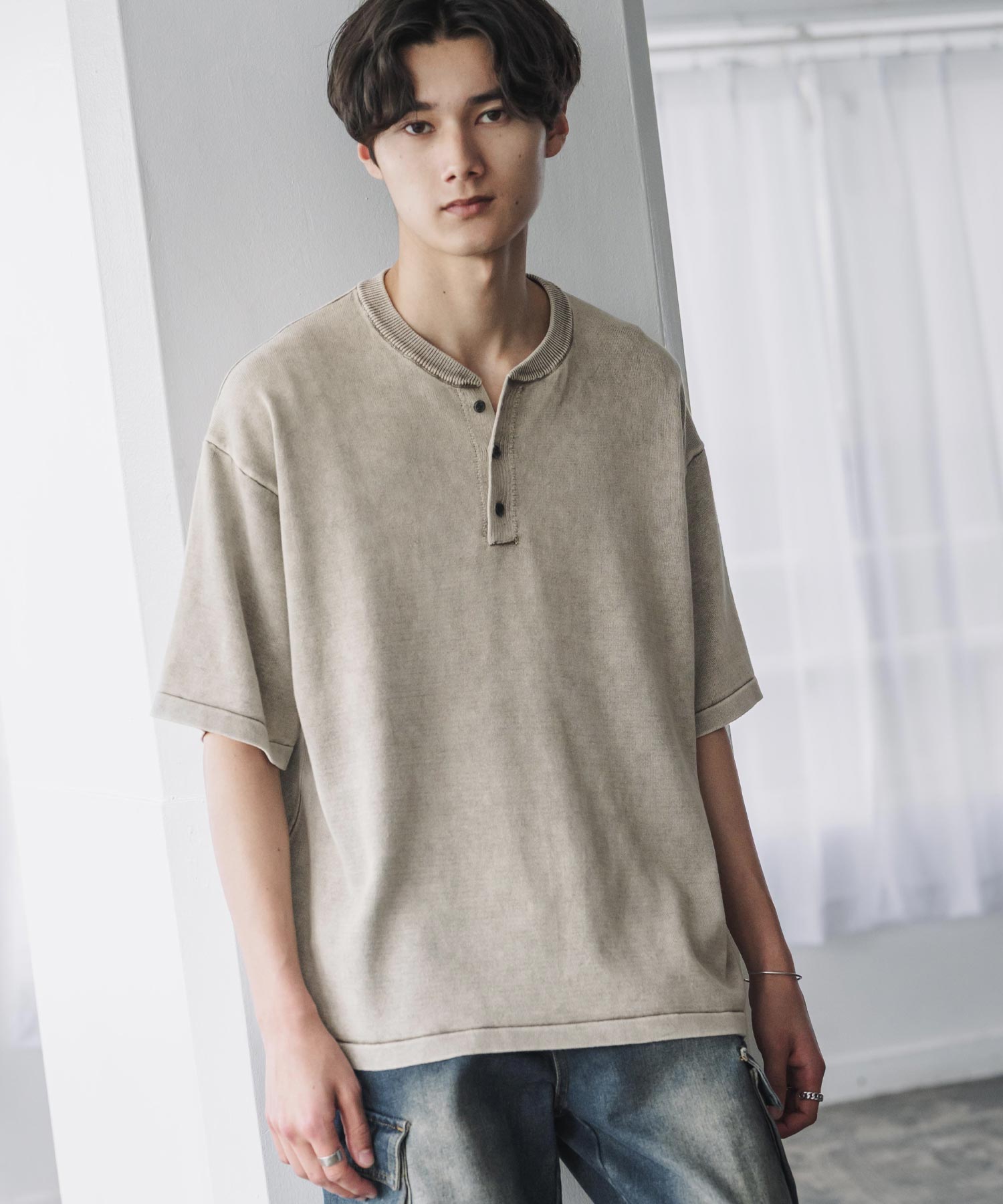 ロッキーモンロー Rocky Monroe ニット 半袖 ヘンリーネック メンズ レディース ニットソー オーバーサイズ ルーズ リラックス 無地 ヴィンテージ フェード ストーンウォッシュ 15778 （ベージュ） ベージュ