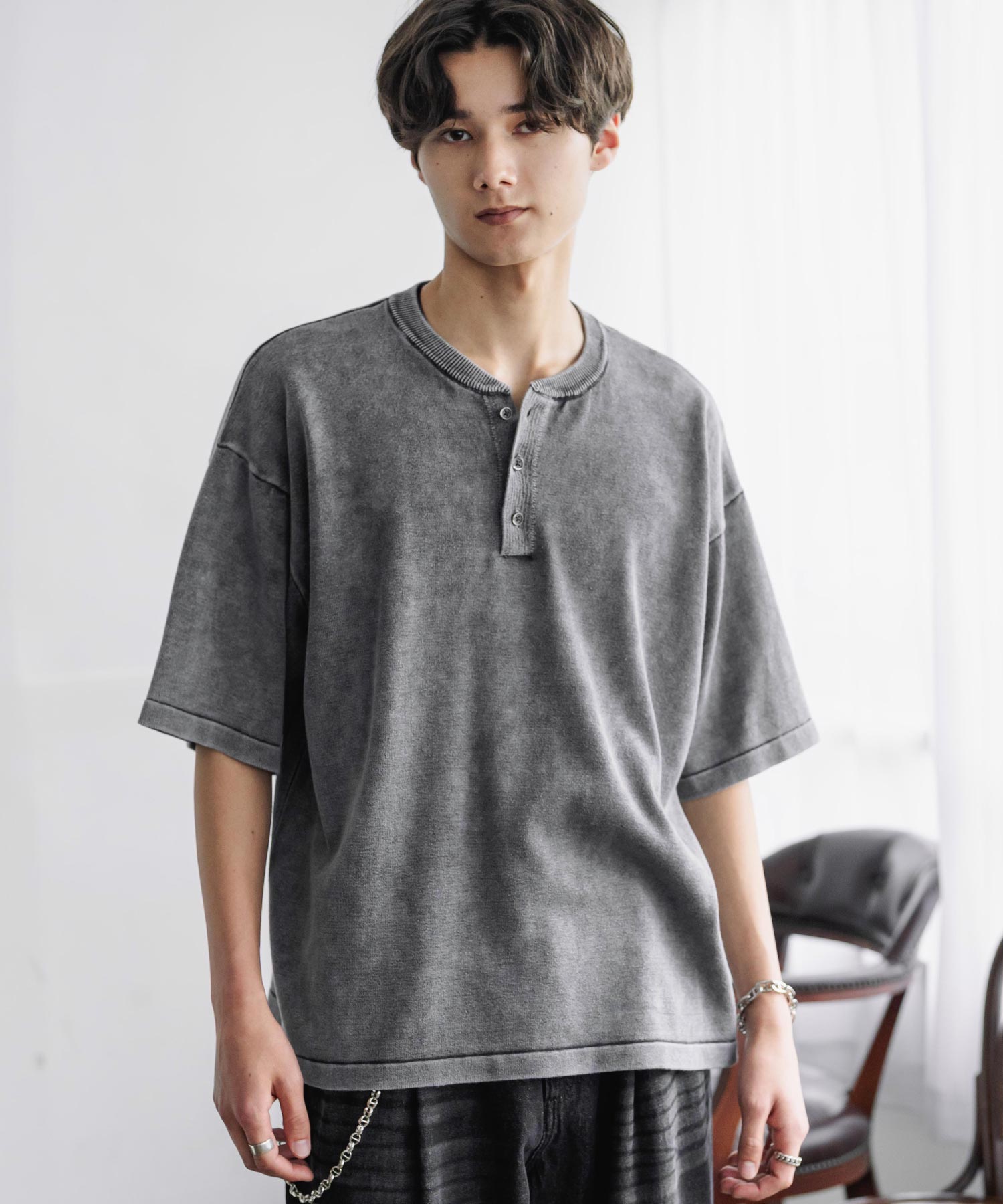 ロッキーモンロー Rocky Monroe ニット 半袖 ヘンリーネック メンズ レディース ニットソー オーバーサイズ ルーズ リラックス 無地 ヴィンテージ フェード ストーンウォッシュ 15778 （ブラック） ブラック
