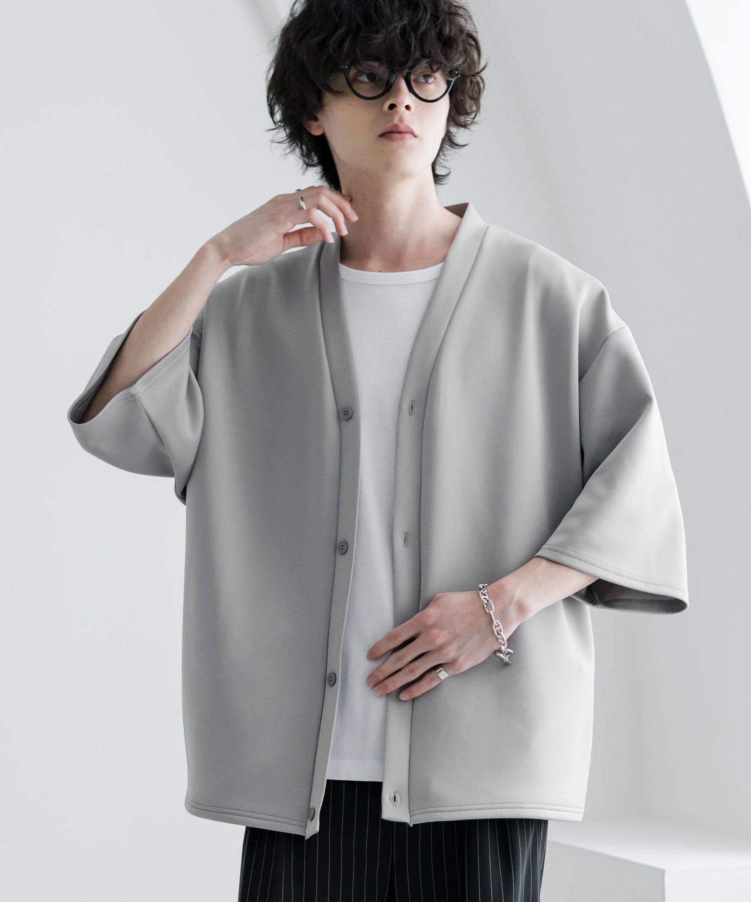 ロッキーモンロー Rocky Monroe 接触冷感 カーディガン ダンボールニット 半袖 ストレッチ メンズ レディース ライトアウター 半端丈 無地 オーバーサイズ ビッグシルエット 15623 （グレー） グレー