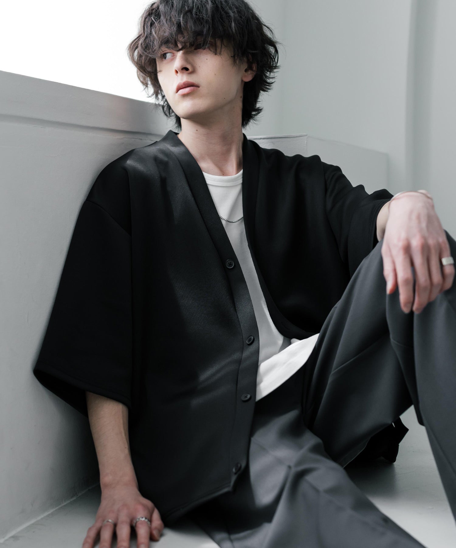 ロッキーモンロー Rocky Monroe 接触冷感 カーディガン ダンボールニット 半袖 ストレッチ メンズ レディース ライトアウター 半端丈 無地 オーバーサイズ ビッグシルエット 15623 （ブラック） ブラック