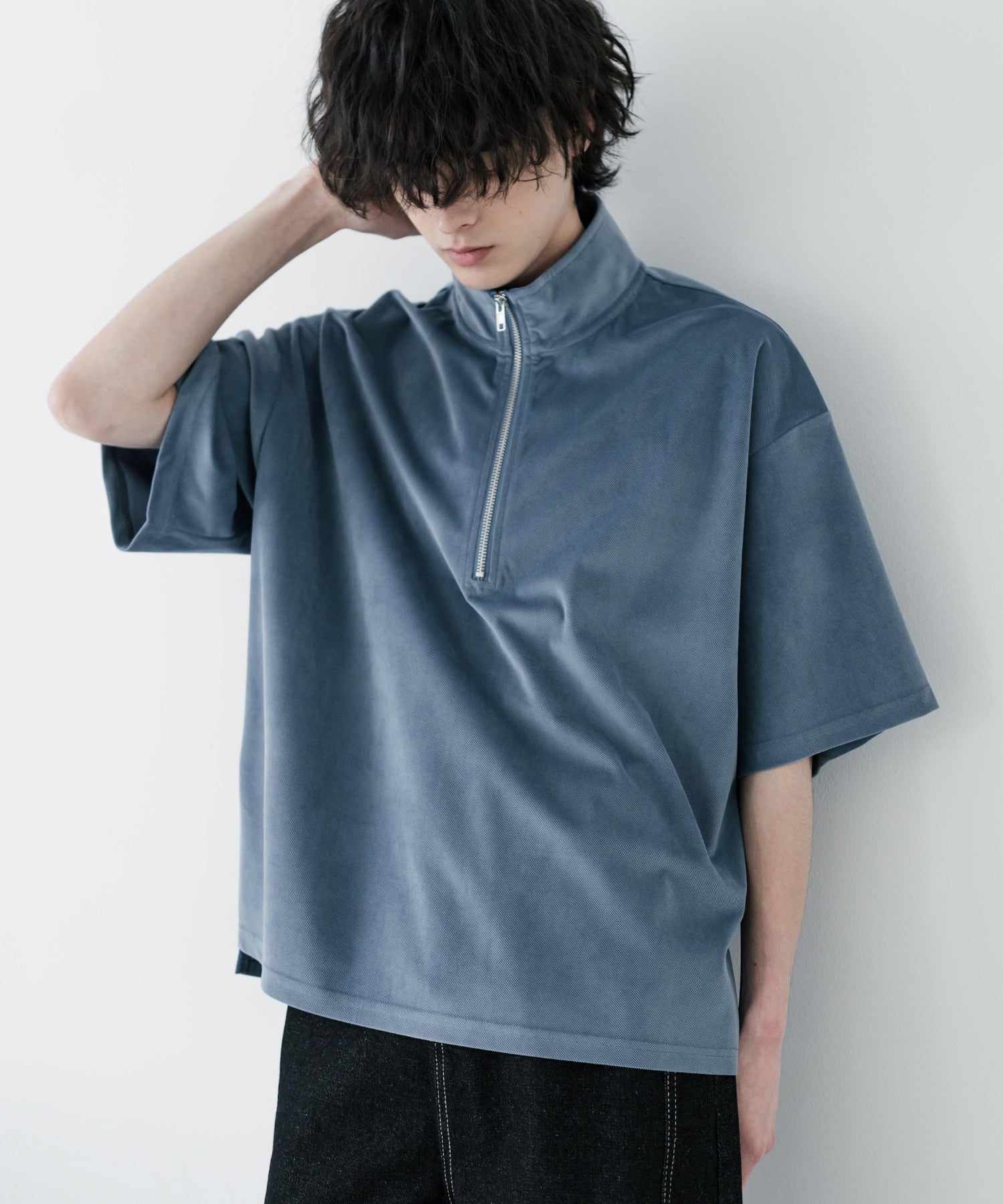 ロッキーモンロー Rocky Monroe Tシャツ フェイクスエード ハーフジップ 半袖 メンズ レディース カットソー プルオーバー オーバーサイズ  重ね着 起毛感 無地  韓国 15634 （ブルー） ブルー