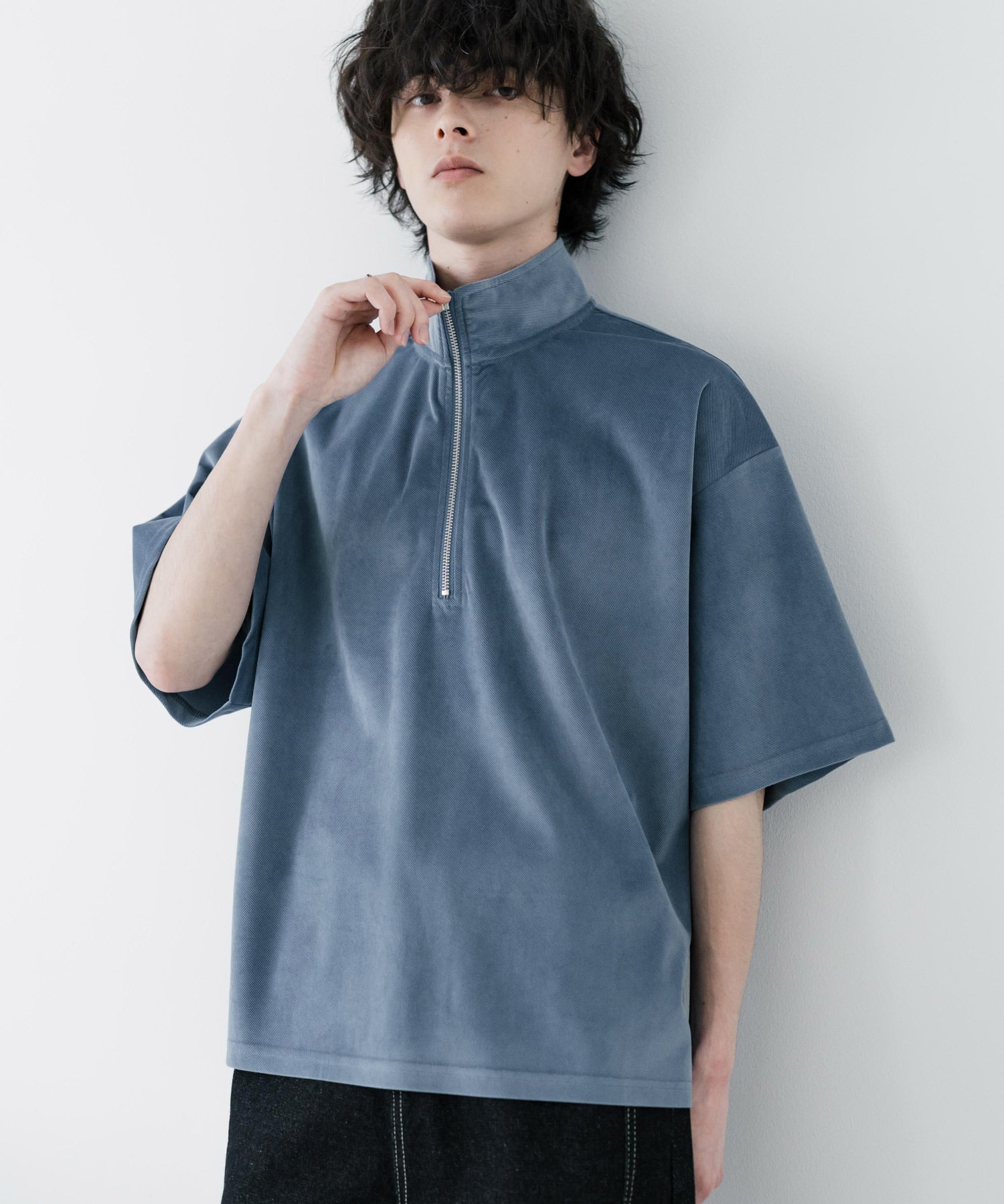 ロッキーモンロー Rocky Monroe Tシャツ フェイクスエード ハーフジップ 半袖 メンズ レディース カットソー プルオーバー オーバーサイズ  重ね着 起毛感 無地  韓国 15634 （ブルー） ブルー