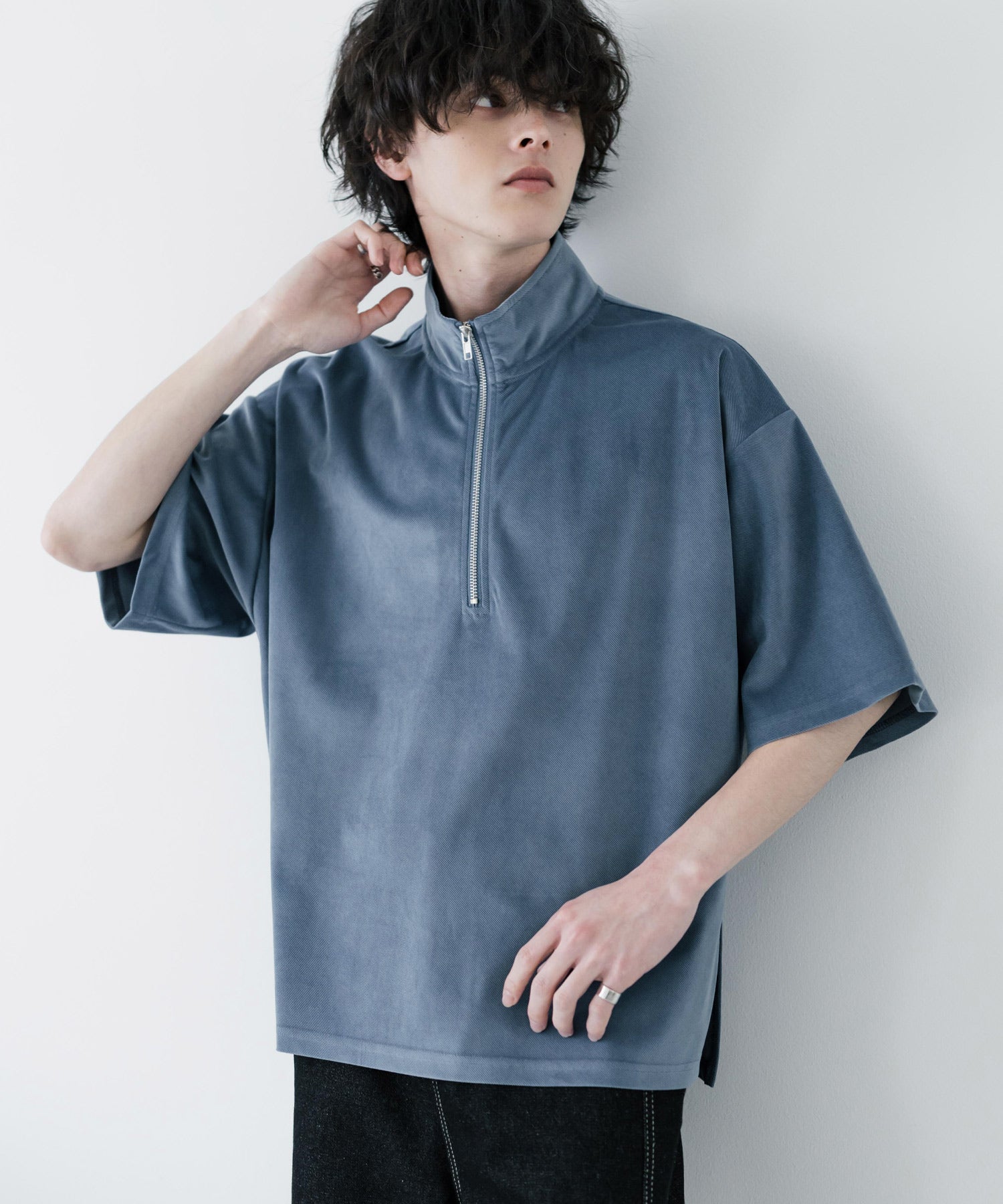 ロッキーモンロー Rocky Monroe Tシャツ フェイクスエード ハーフジップ 半袖 メンズ レディース カットソー プルオーバー オーバーサイズ  重ね着 起毛感 無地  韓国 15634 （ブルー） ブルー