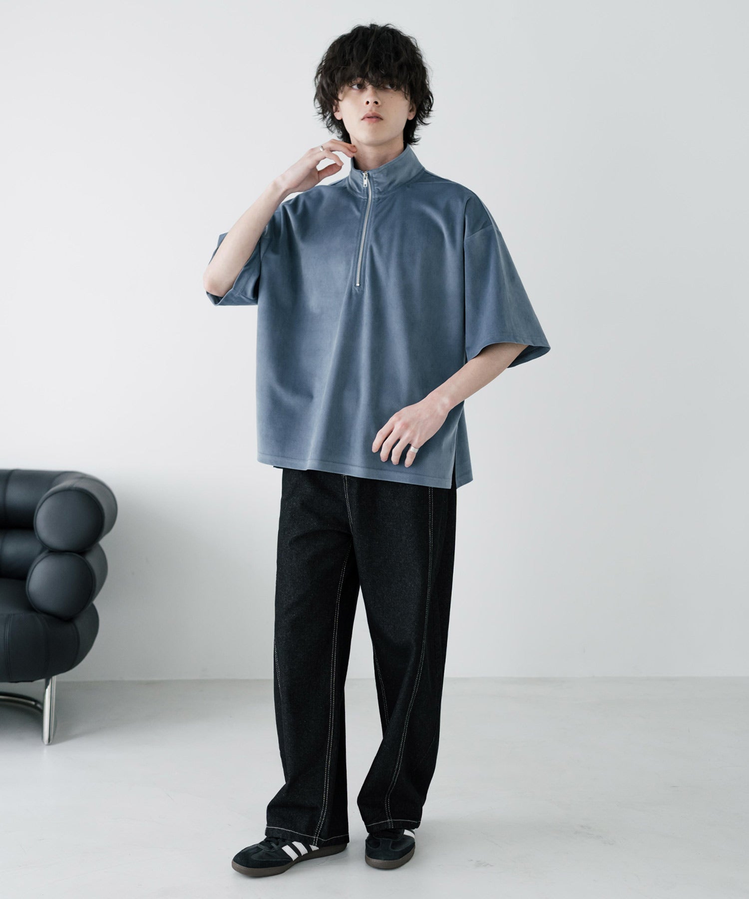 ロッキーモンロー Rocky Monroe Tシャツ フェイクスエード ハーフジップ 半袖 メンズ レディース カットソー プルオーバー オーバーサイズ  重ね着 起毛感 無地  韓国 15634 （ブルー） ブルー
