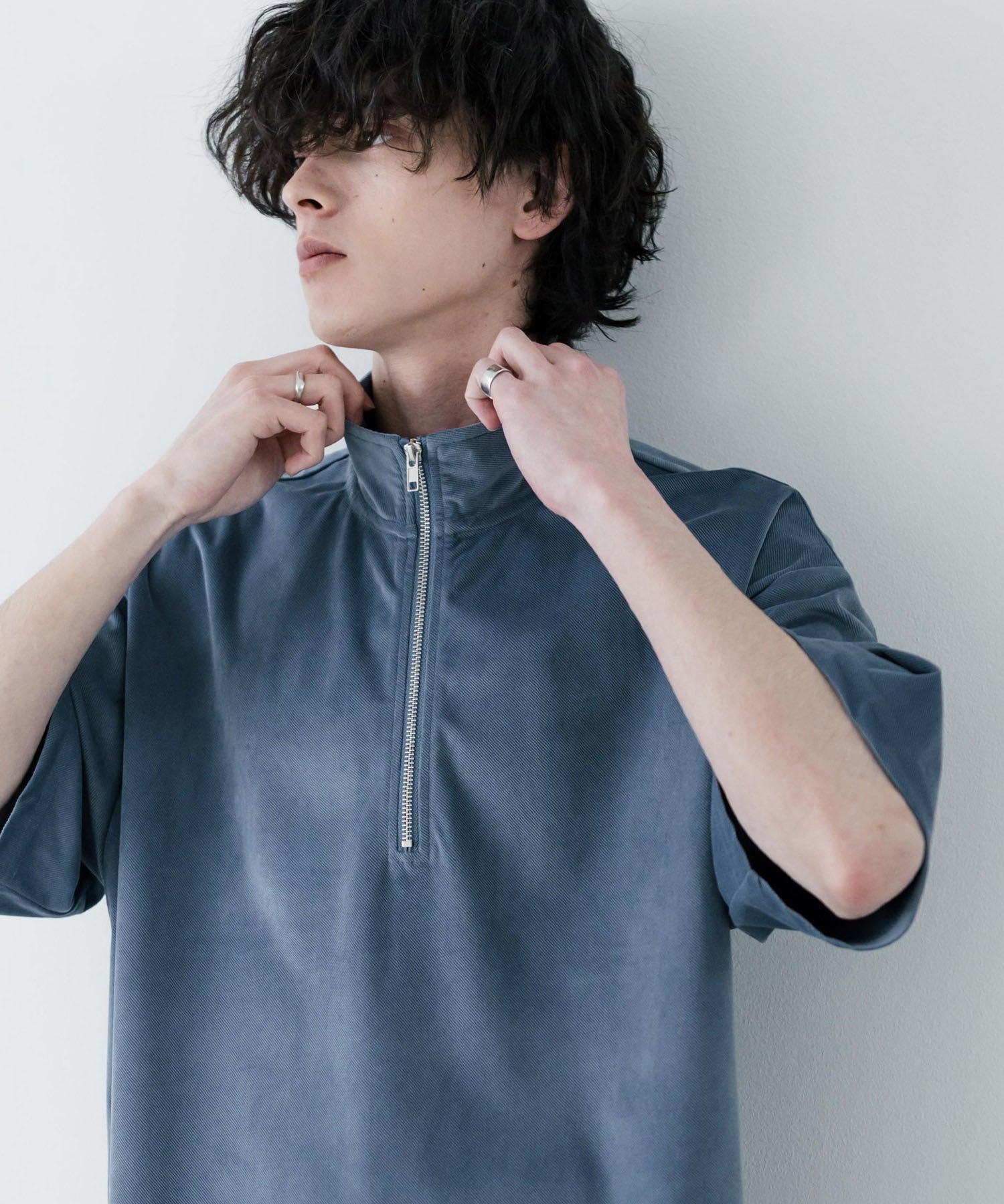 ロッキーモンロー Rocky Monroe Tシャツ フェイクスエード ハーフジップ 半袖 メンズ レディース カットソー プルオーバー オーバーサイズ  重ね着 起毛感 無地  韓国 15634 （ブルー） ブルー