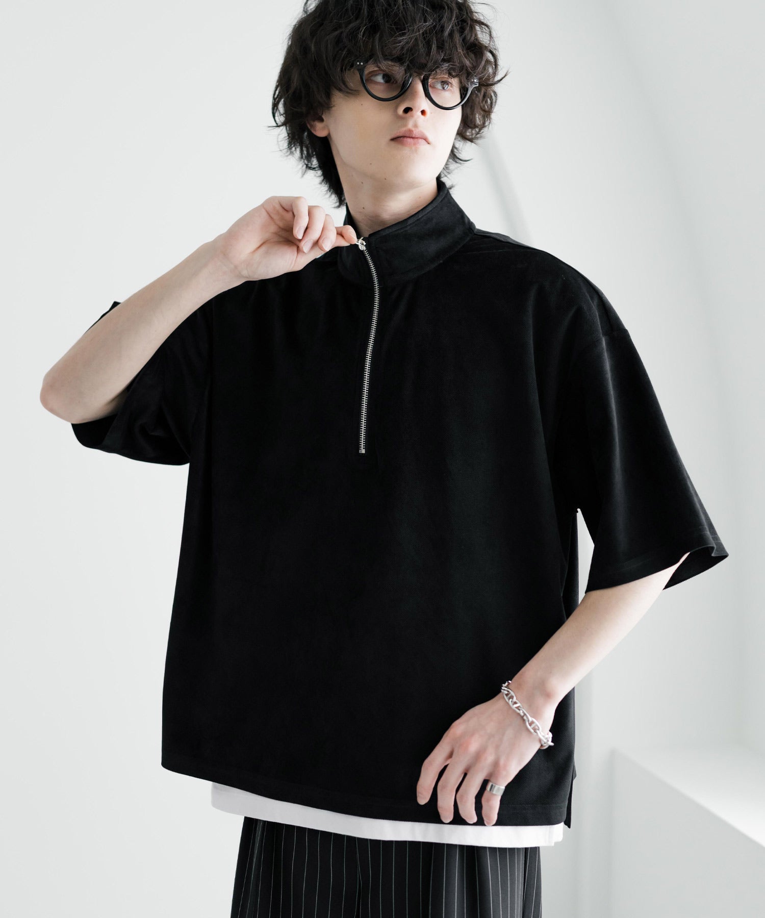 ロッキーモンロー Rocky Monroe Tシャツ フェイクスエード ハーフジップ 半袖 メンズ レディース カットソー プルオーバー オーバーサイズ  重ね着 起毛感 無地  韓国 15634 （ブルー） ブルー